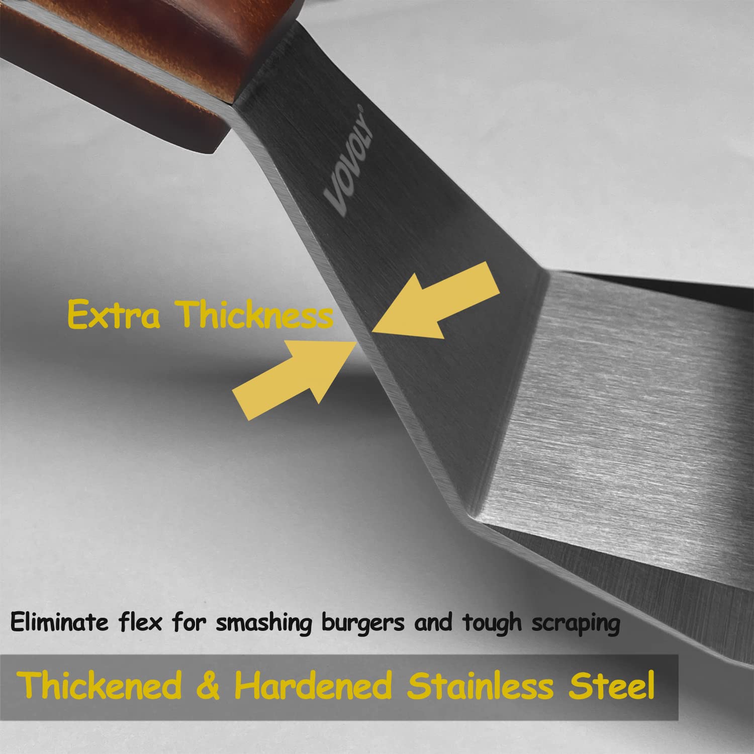 Vovoly round-corners spatula minimizes surface abrasion on delicate skillets.