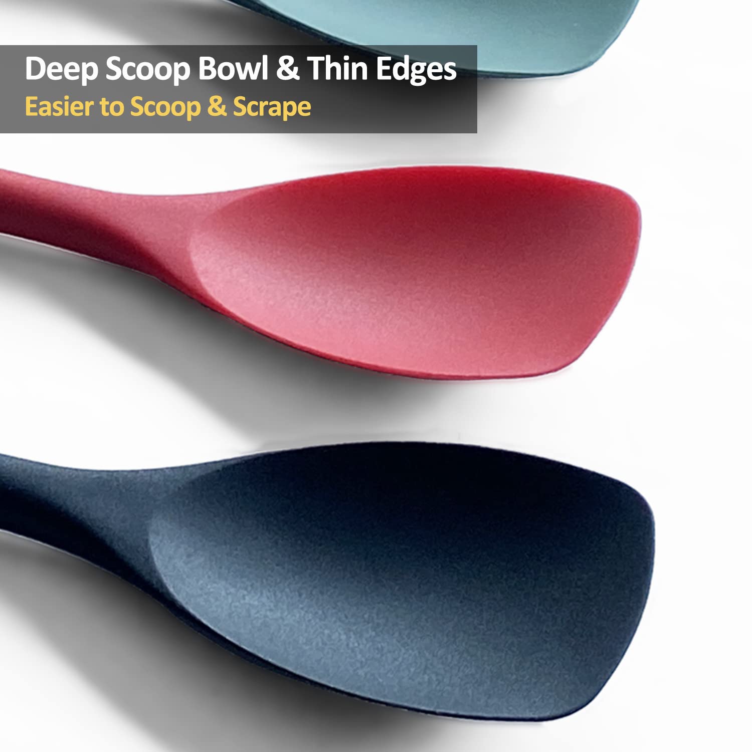 VOVOLY seamless design spatula close-up highlighting no seams and easy residue removal.