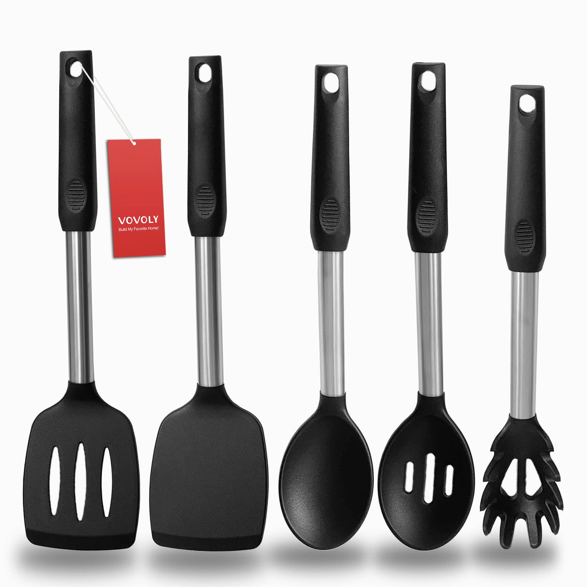 Vovoly silicone spatula set with beveled edge for easy flipping.