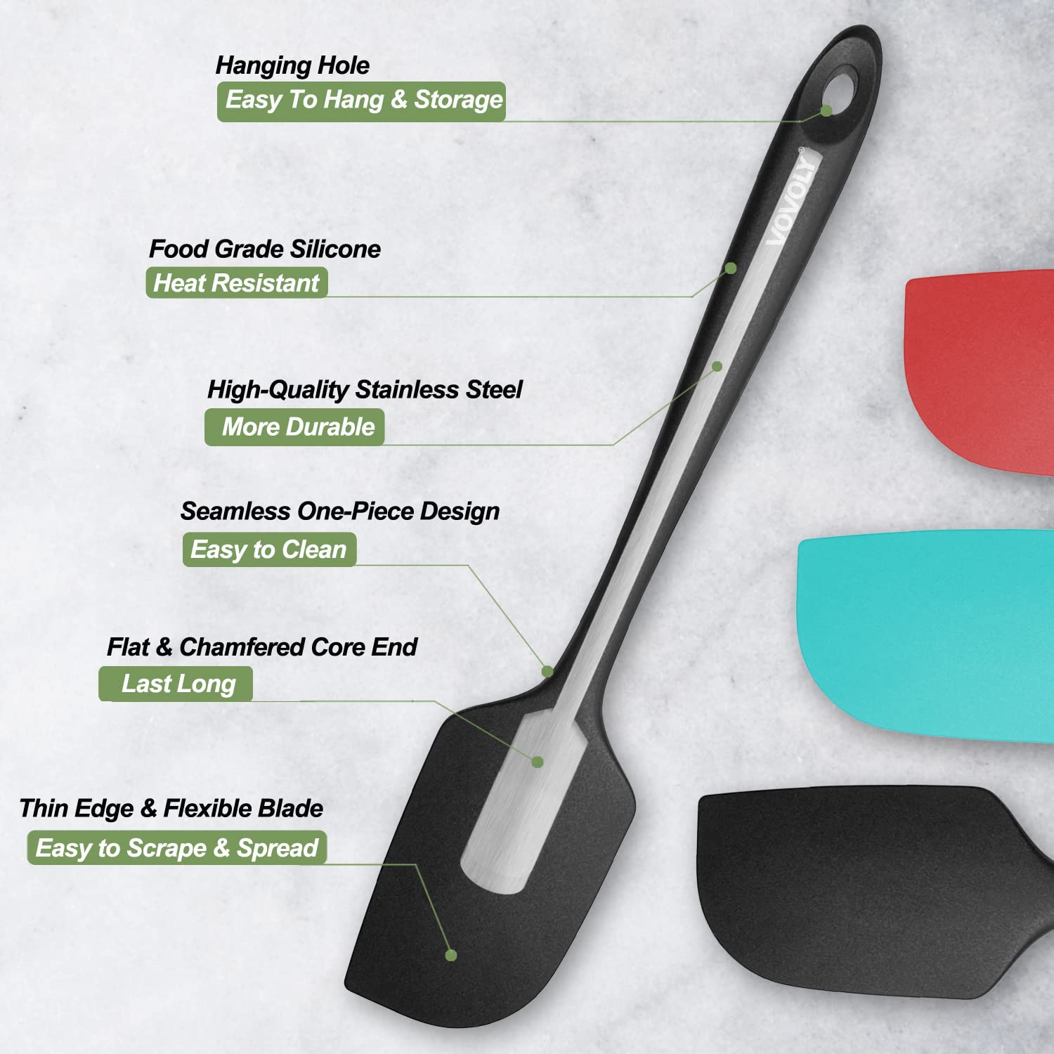 One-piece Vovoly spatula with stainless steel core for durable performance.