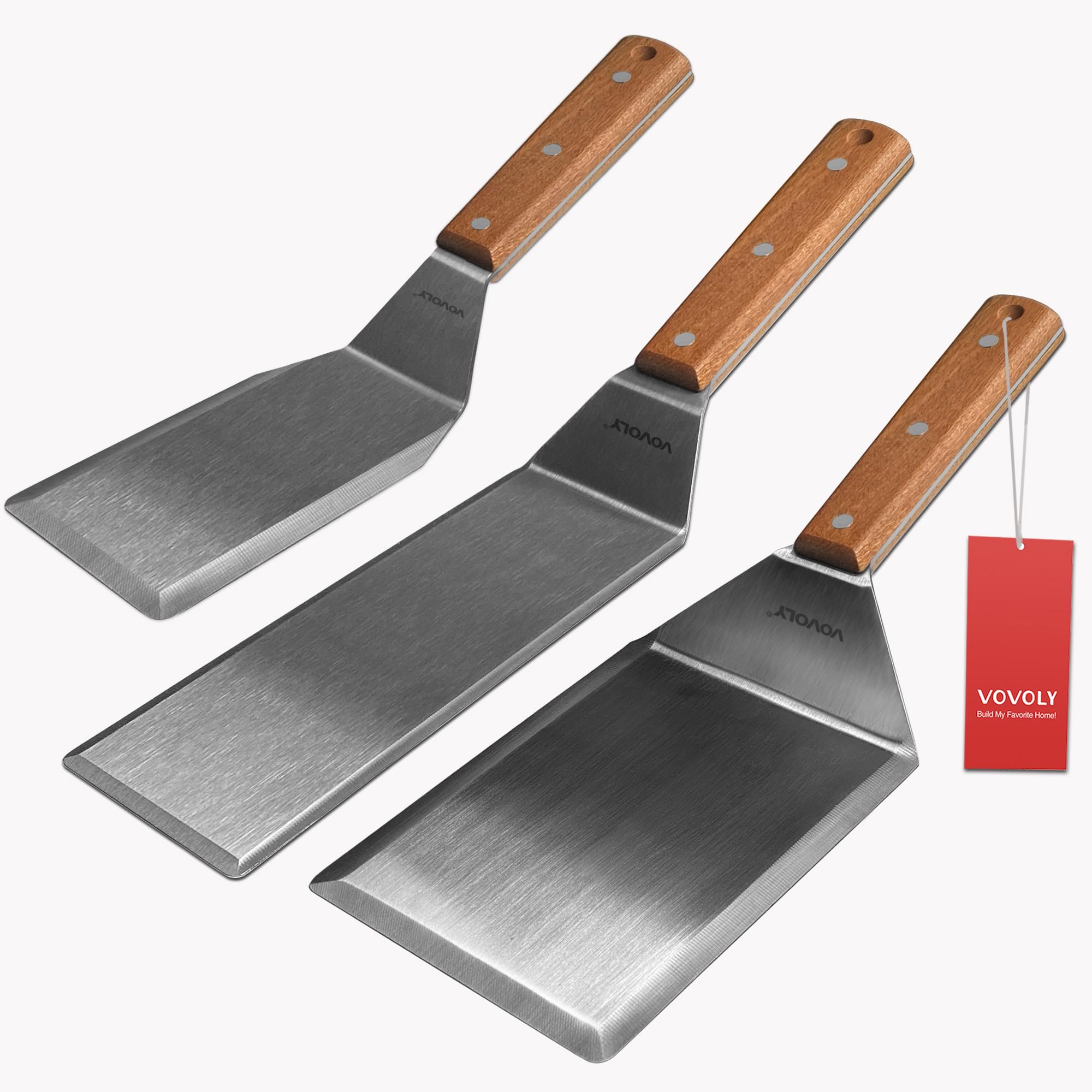Vovoly stainless steel spatula set with full tang handle for durable grilling control.