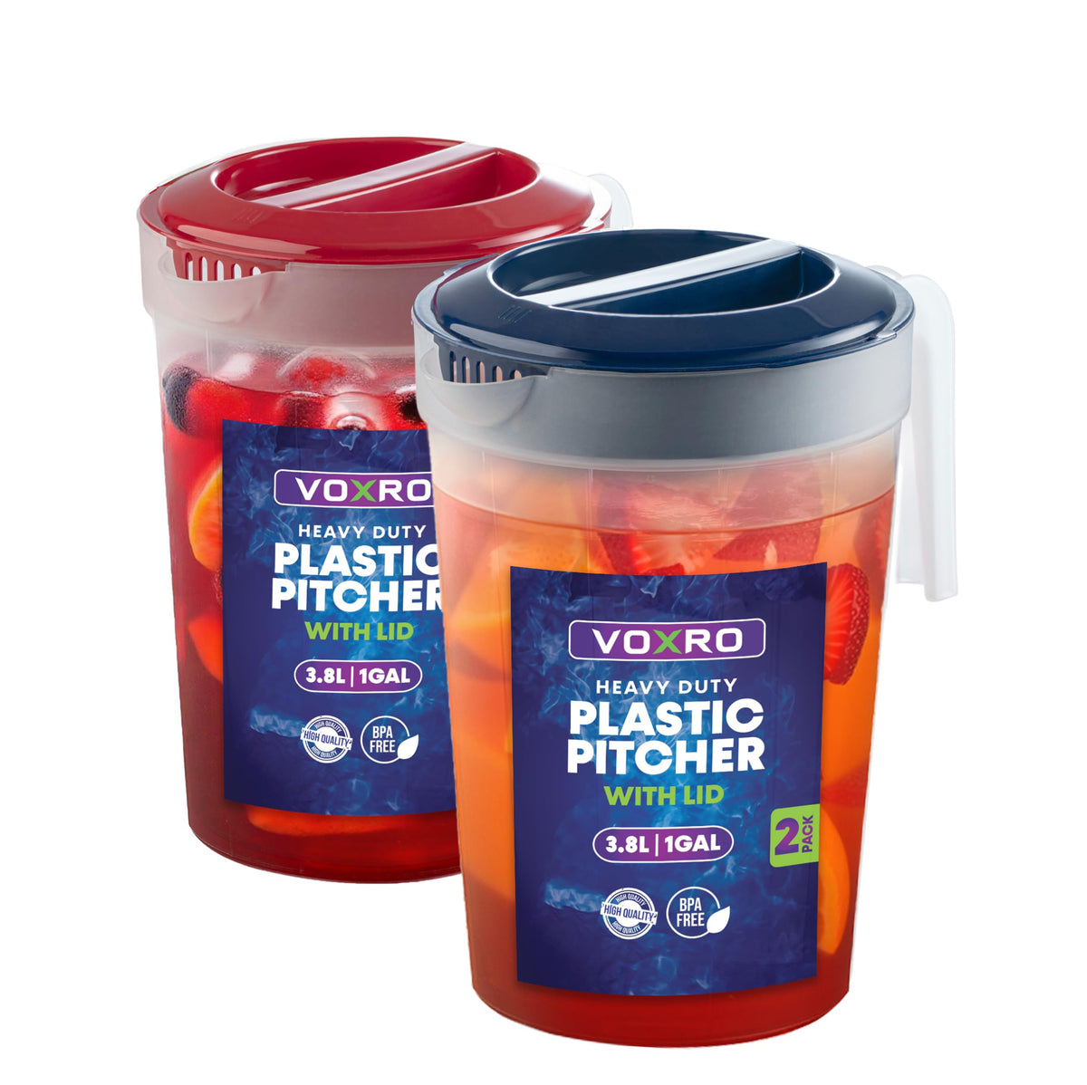 VOXRO 2-pack 1-gallon pitchers with lids for organized beverage service.