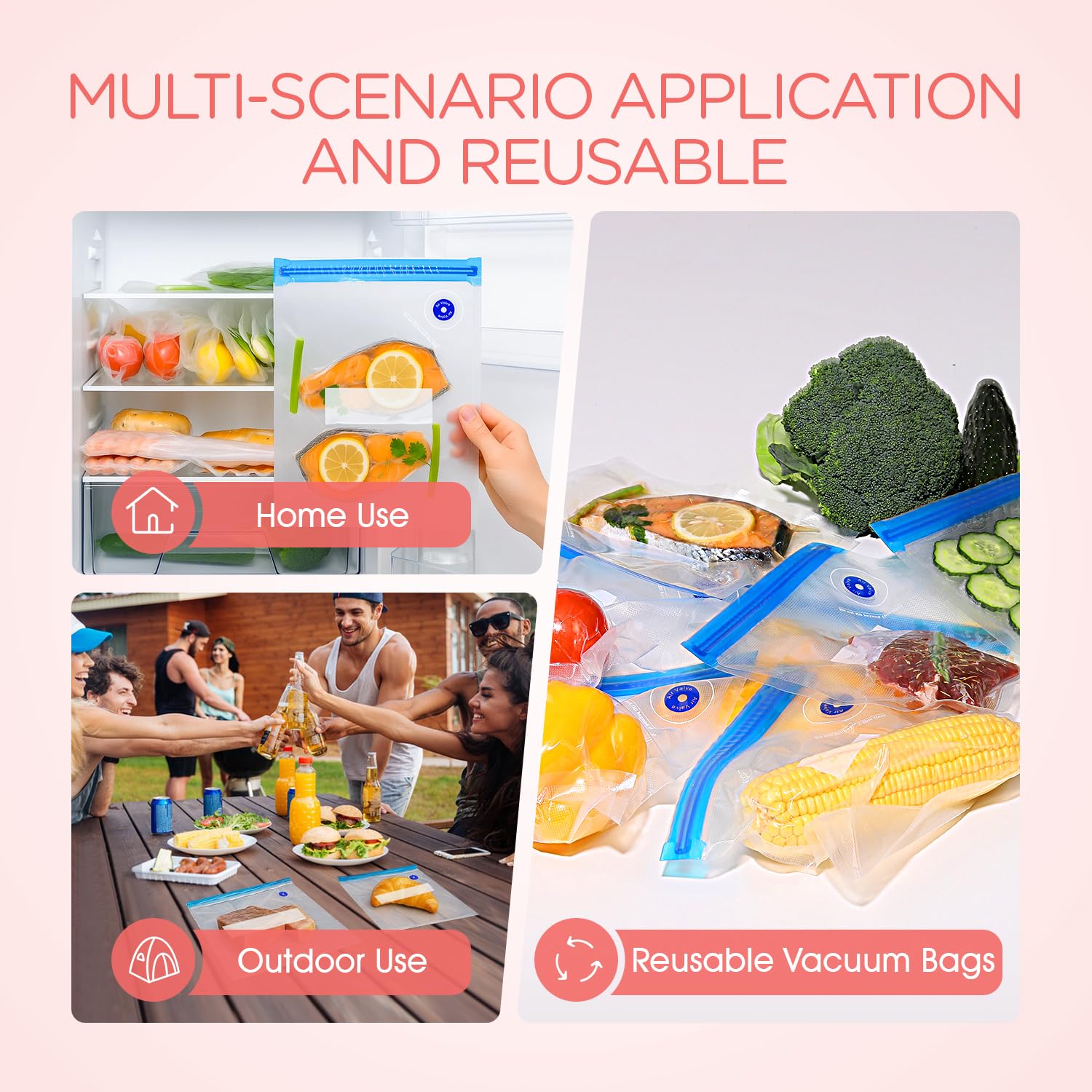 VOYOR cordless pump sealing food, space-saving fridge storage.