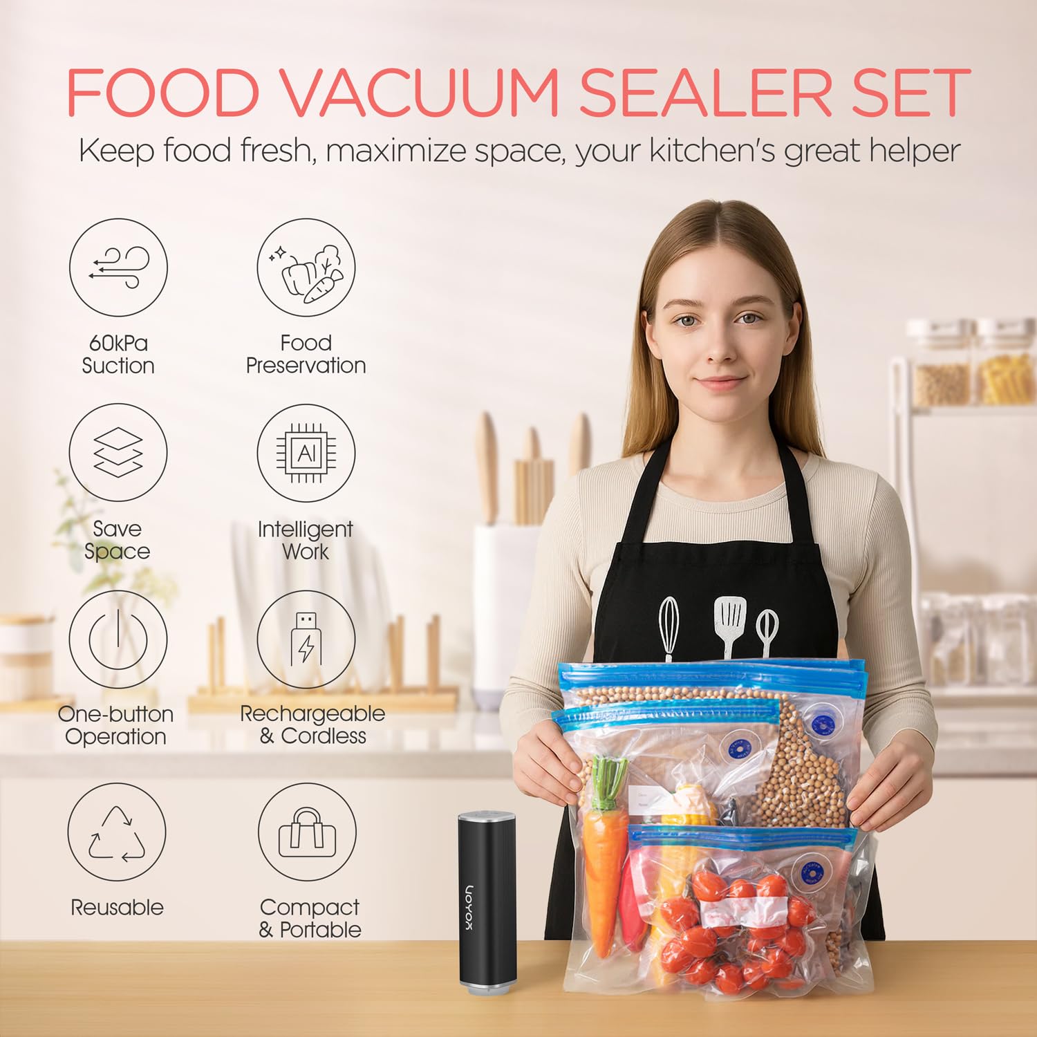 VOYOR reusable vacuum bags pack for safe storage and extended shelf life.