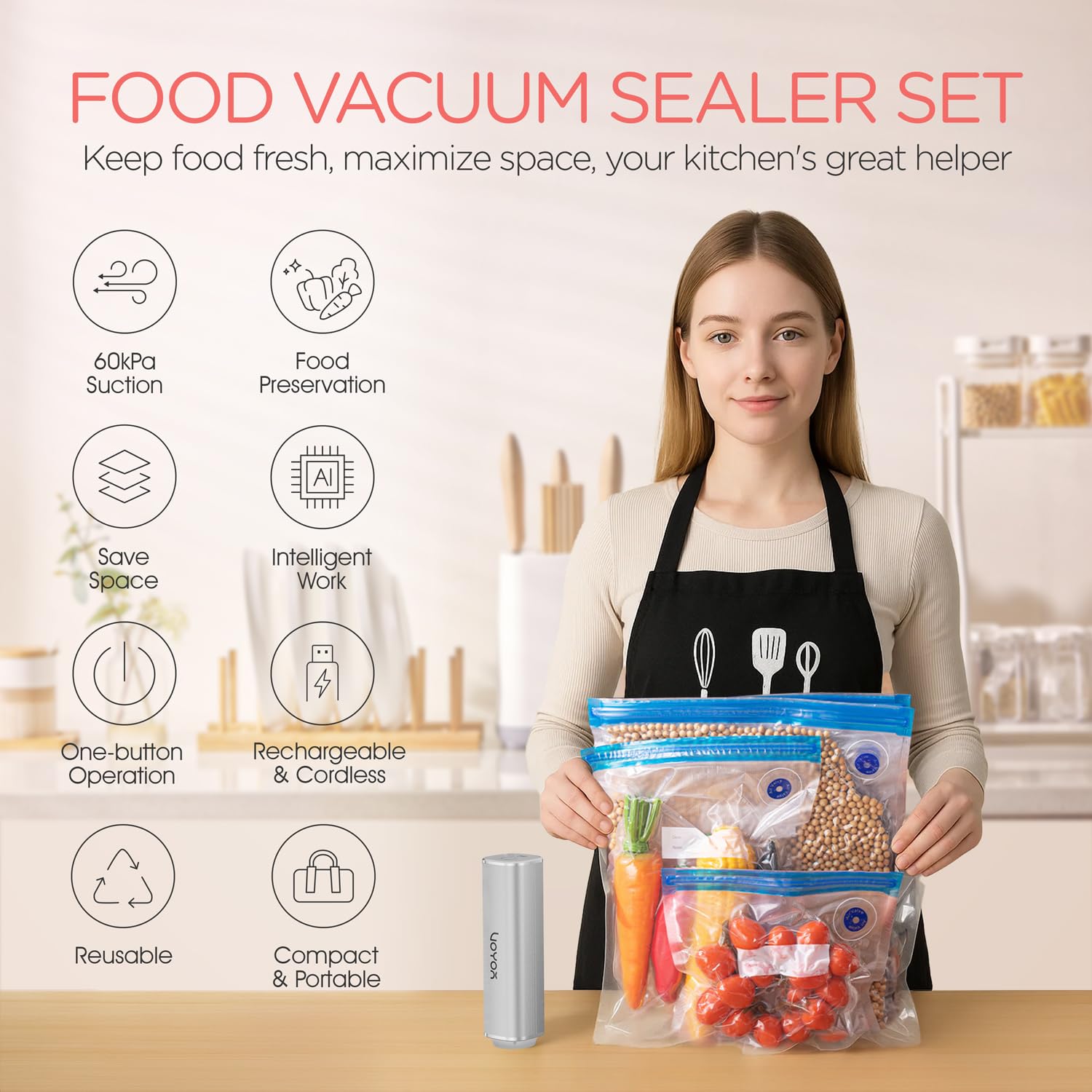 VOYOR VS210 demonstrates 60kPa suction for fast, airtight sealing of foods.