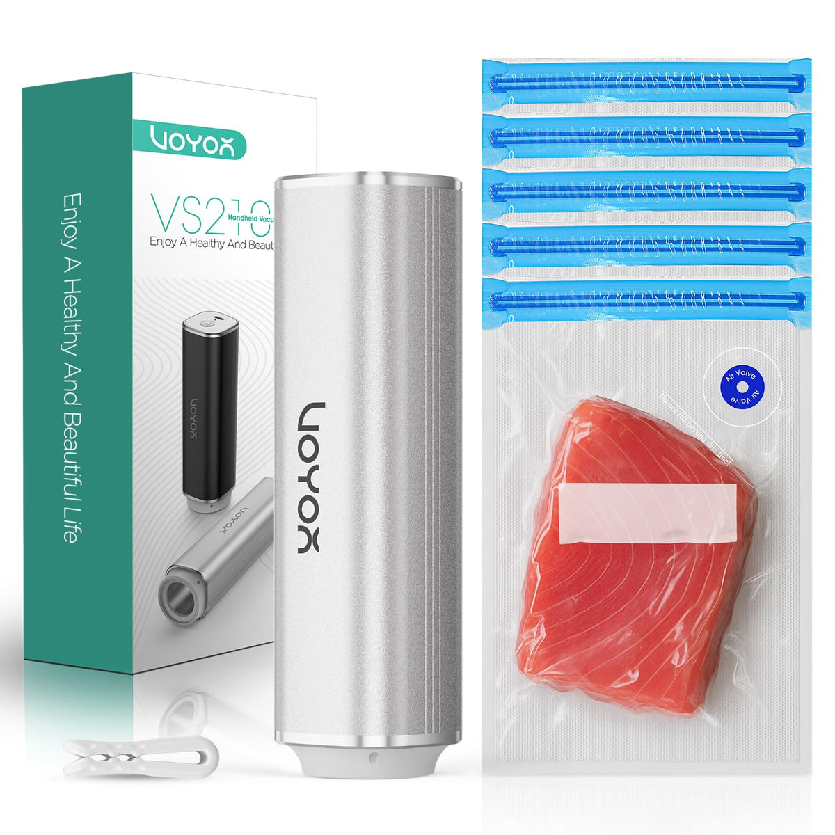 VOYOR VS210 compact handheld sealer ideal for on-the-go airtight sealing.