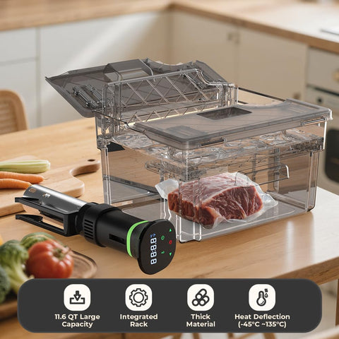 Vpcok Direct built-in rack keeps food submerged for even cooking.