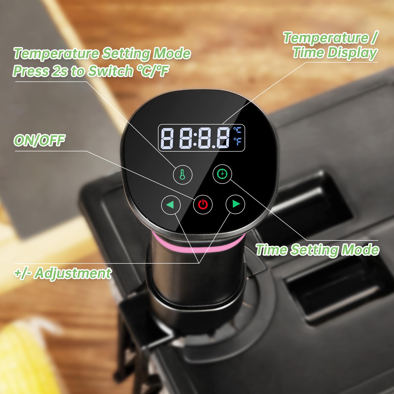 Vpcok Direct sous vide cooker 360-degree circulation ensures even heat distribution.