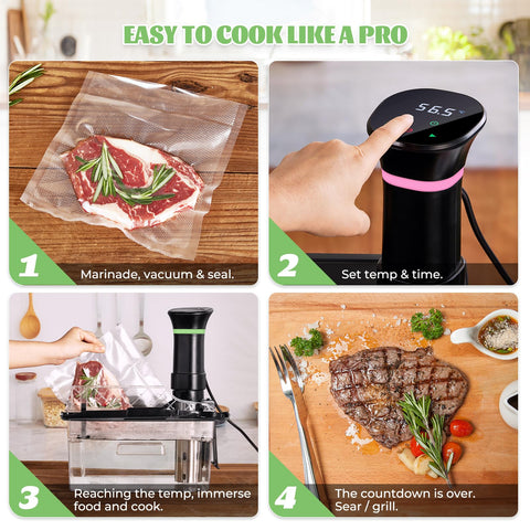 Vpcok Direct sous vide cooker in use with steak for consistent results.