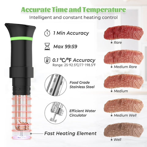 Vpcok Direct sous vide cooker indicator lights show progress and readiness.