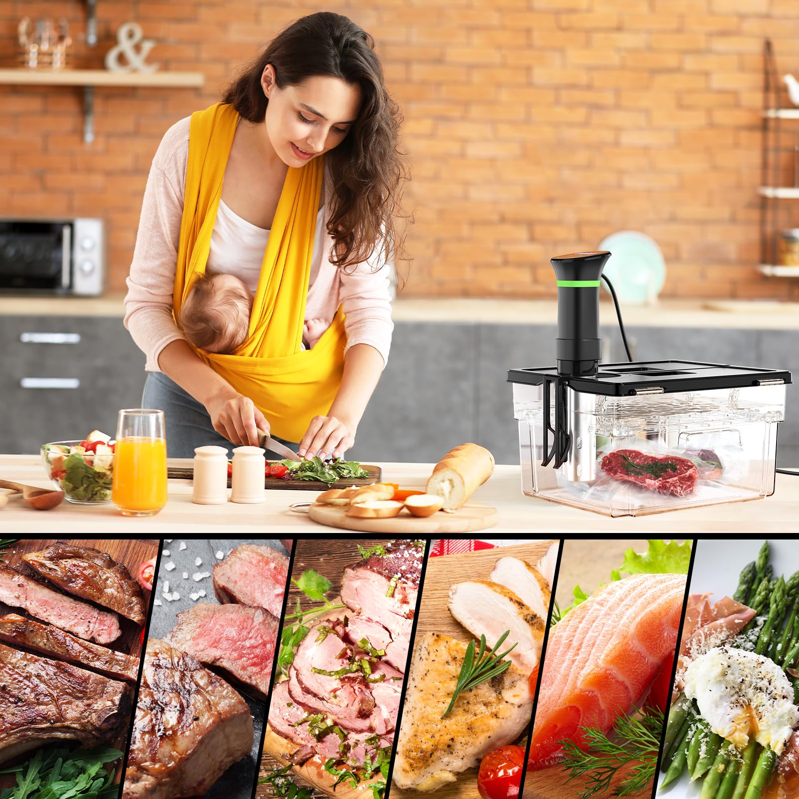 Vpcok Direct sous vide cooker with recipe card for quick onboarding.