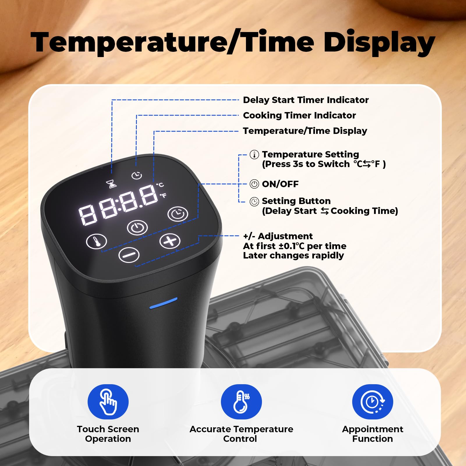 Vpcok Direct sous vide machine immersed in water bath for even heat and moisture.
