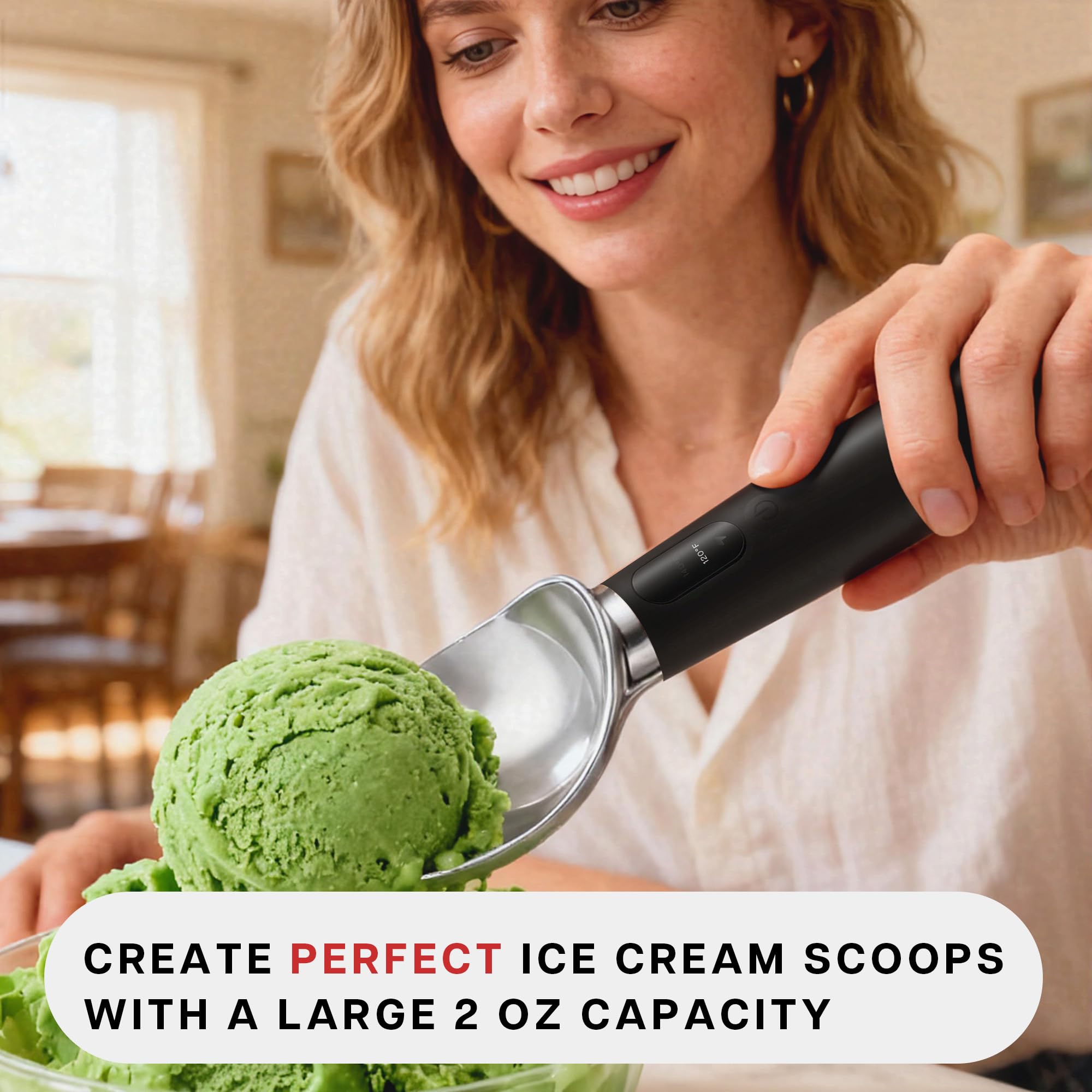 VRAIKO heated scoop shows three settings 120/140/160°F for versatile results
