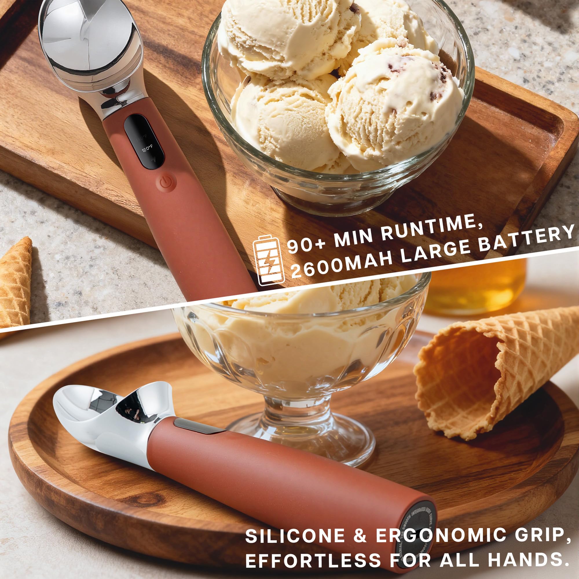 VRAIKO scoop battery status and long-lasting power for gatherings.