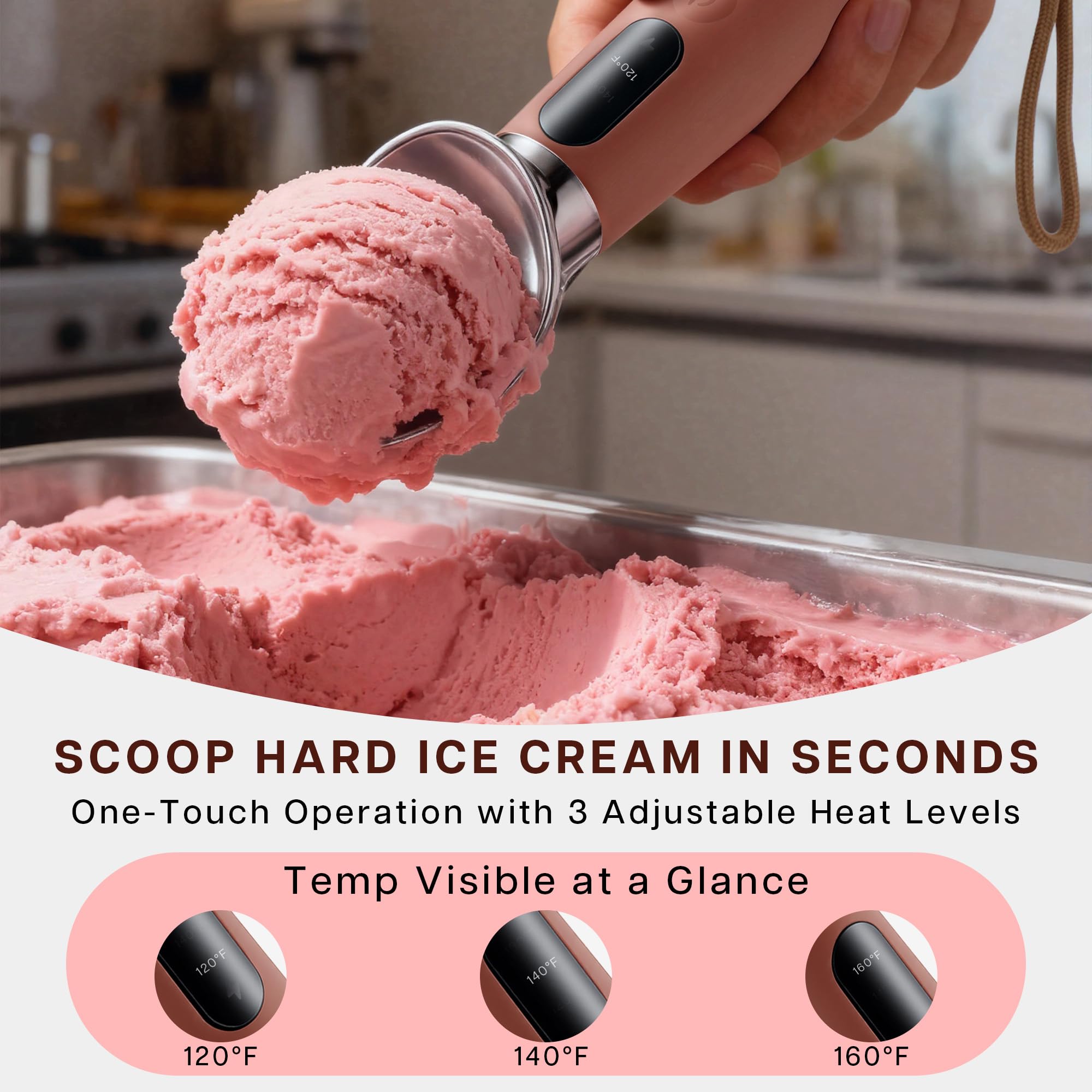 VRAIKO heated scoop LED display for precise temperature monitoring during service.