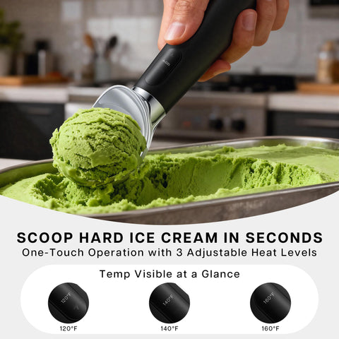 VRAIKO heated scoop with LED display showing three heat levels for precise control
