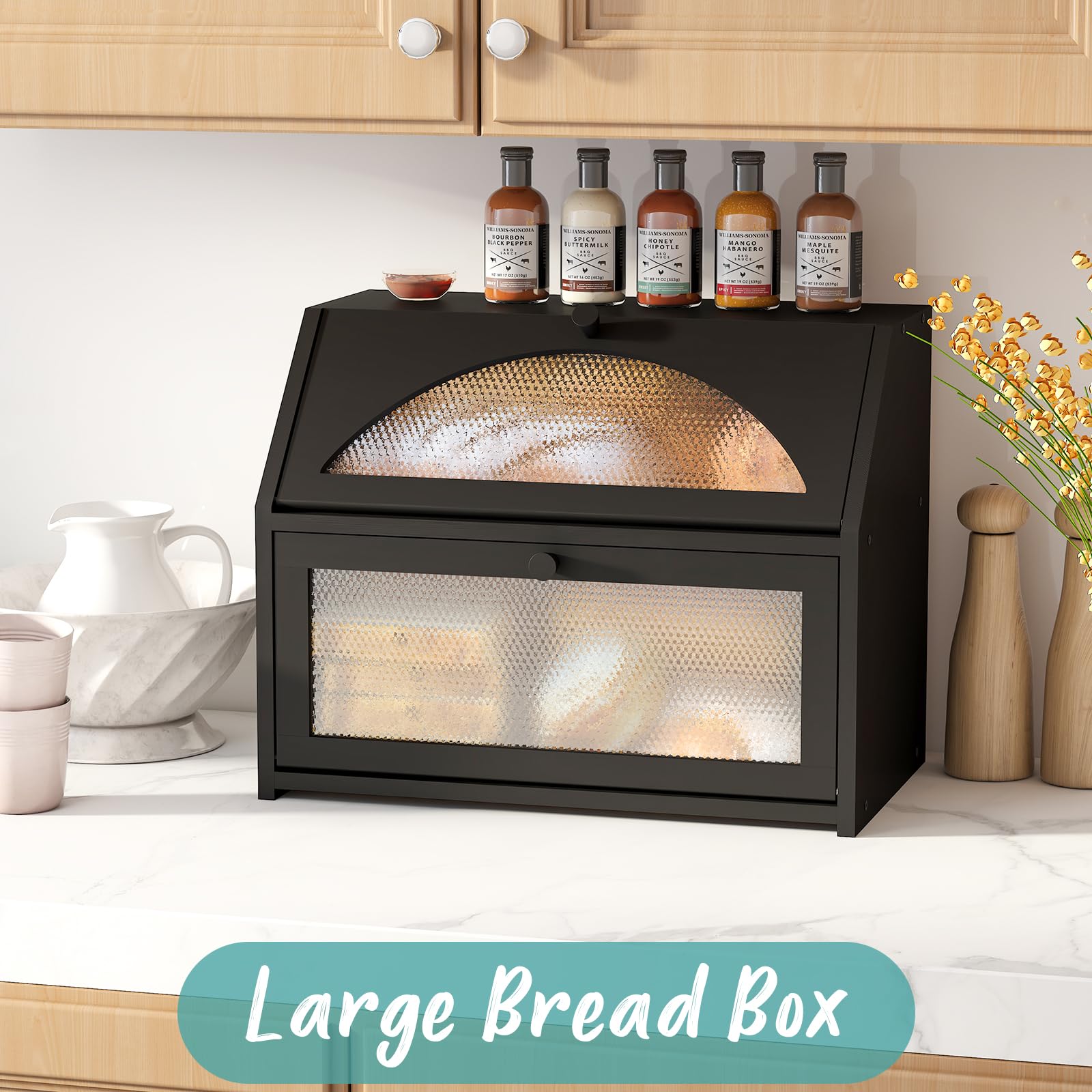 Vriccc bamboo bread box with diamond-pattern door keeps bread visible yet private