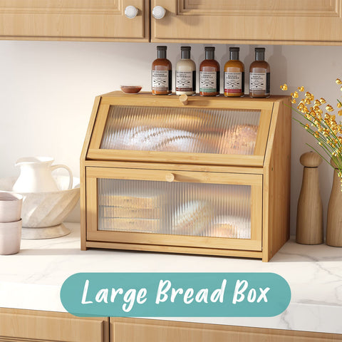 Vriccc bamboo bread box front glass view with blurred panel hiding bread.