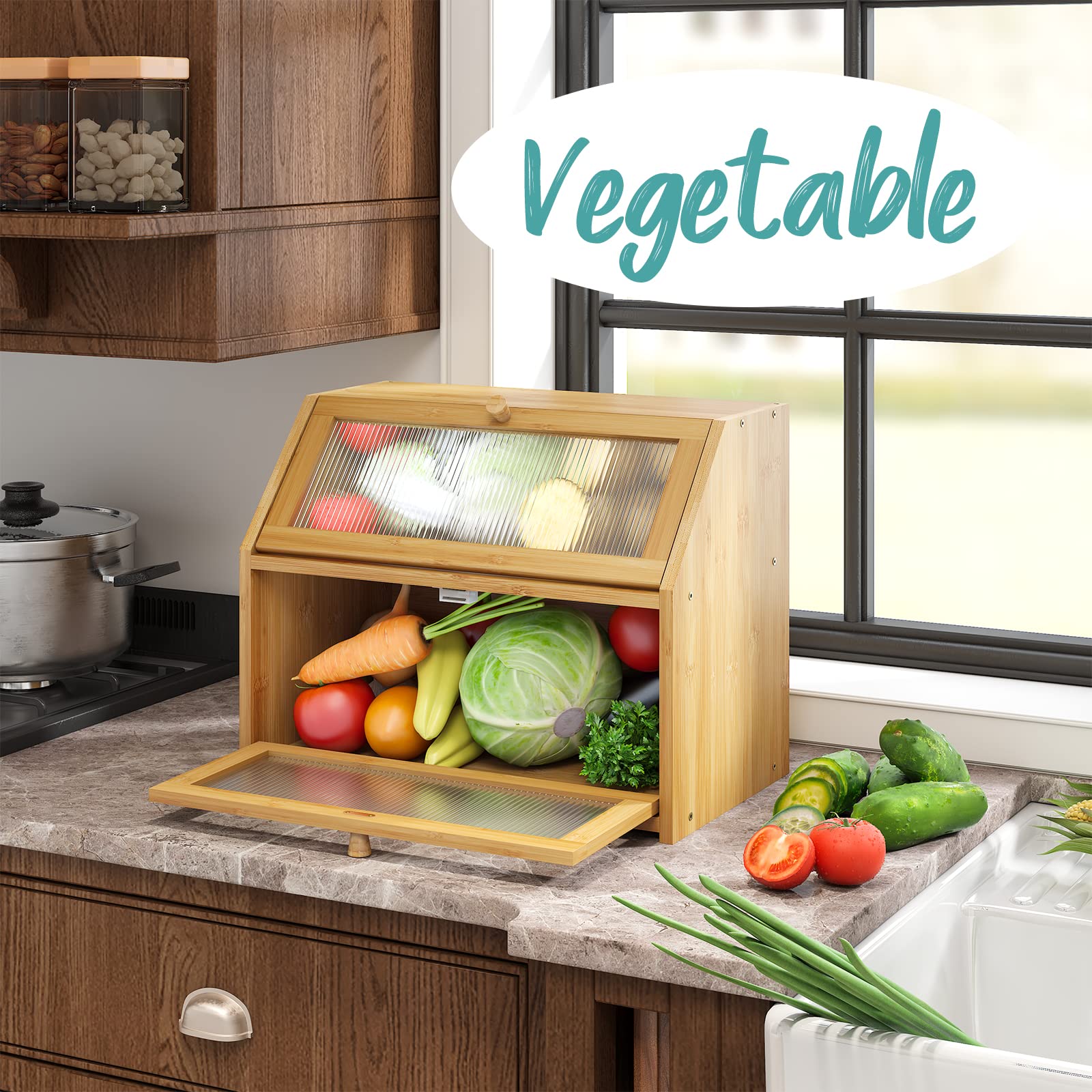 Vriccc bamboo bread box helps keep bread fresh on the counter.