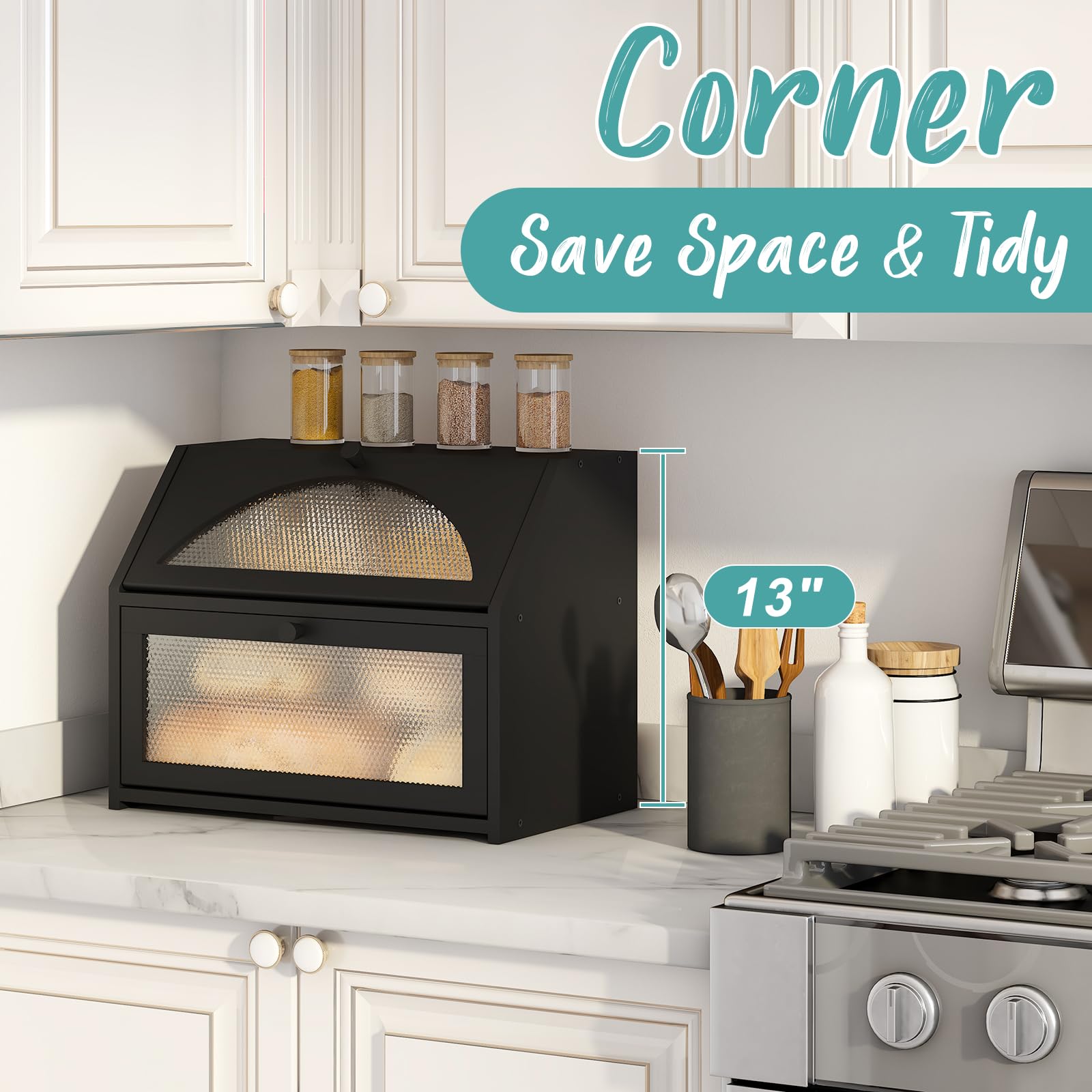 Vriccc large black bread box on counter blends modern style and function