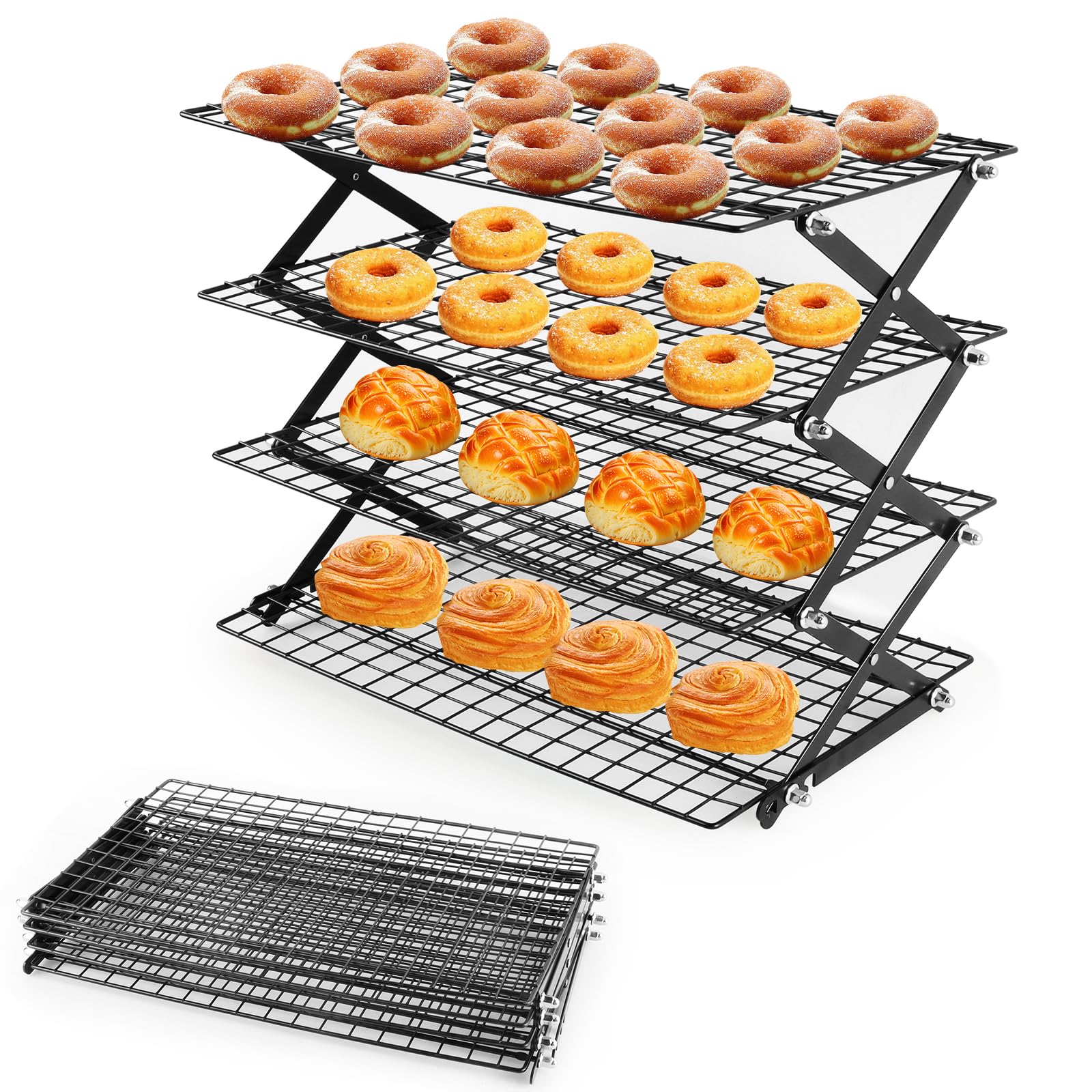Vrsafan four-tier collapsible rack unfolded on counter, ample cooling space for baked goods.