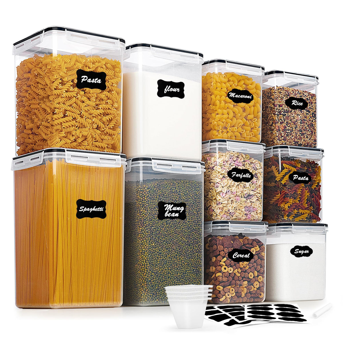 Vtopmart 10-pack flour and sugar containers on a shelf for organized pantry access