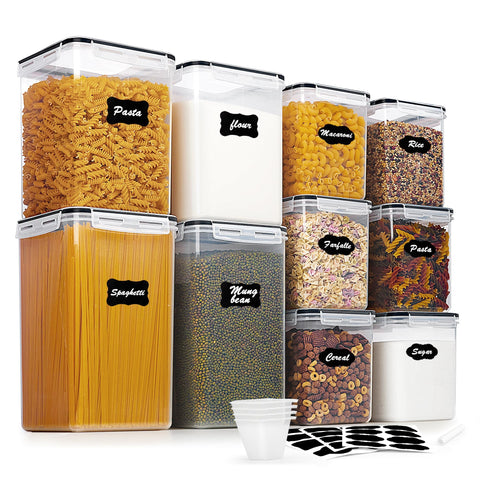 Vtopmart 10-pack flour and sugar containers on a shelf for organized pantry access