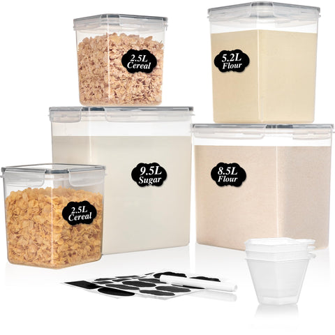 Vtopmart 5-pack flour containers with airtight lids for fresh pantry organization.