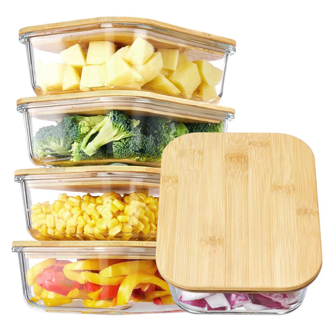 Vtopmart 5-pack glass containers with bamboo lids showing organized meal prep and leftovers