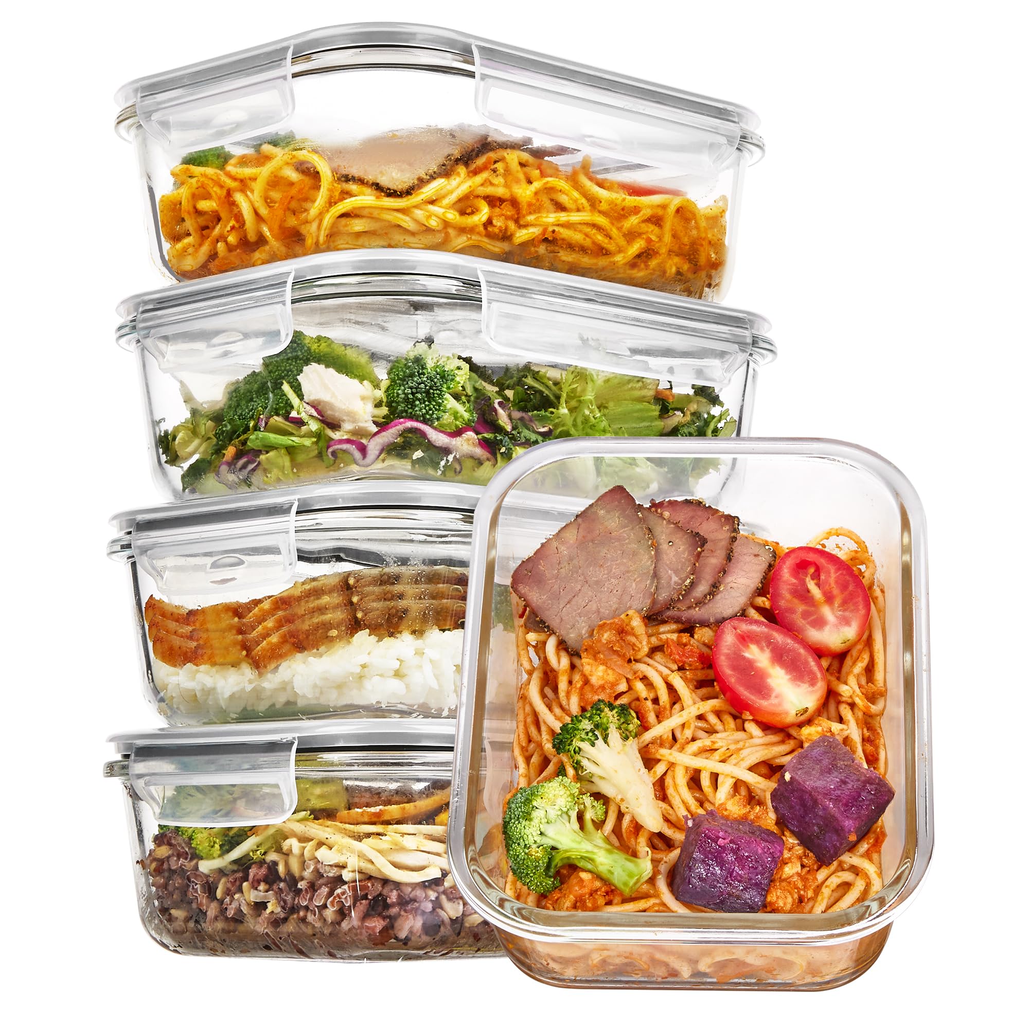 Vtopmart 5-pack 35oz glass containers with lids for organized meal prep.
