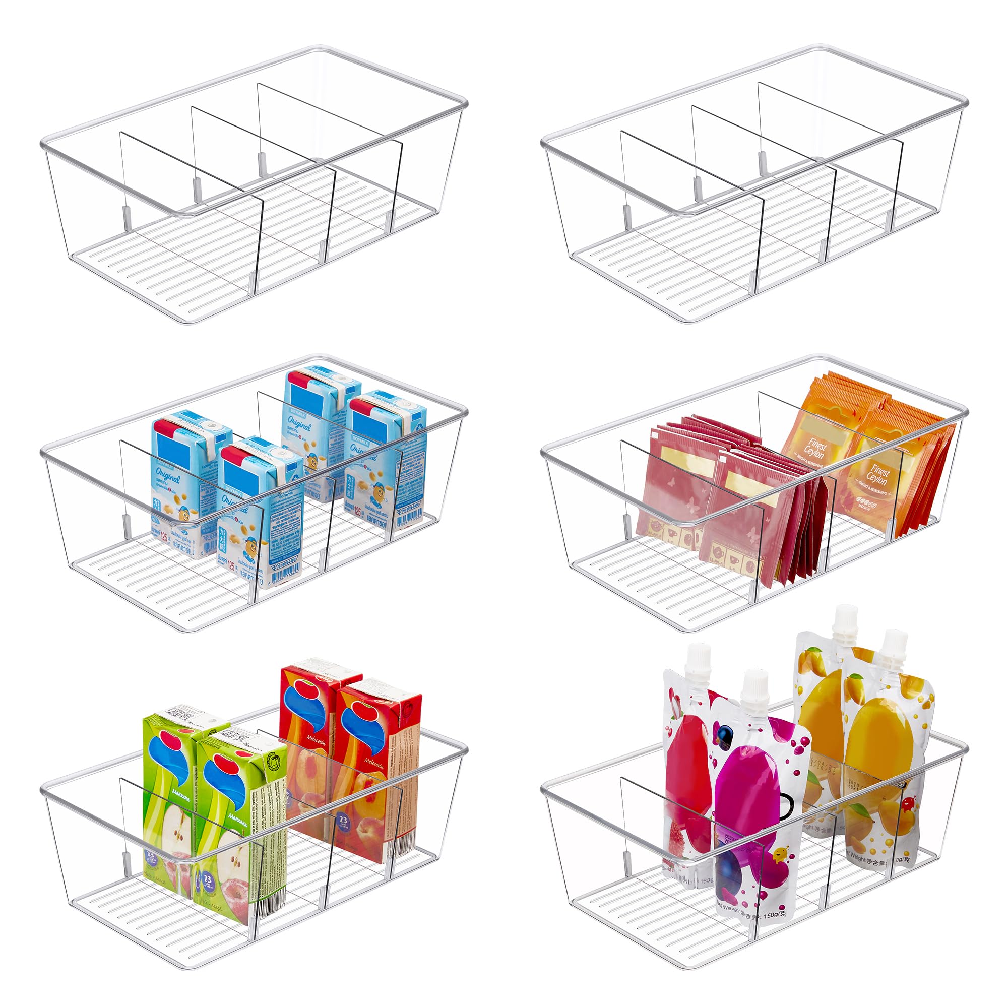 Vtopmart 6-pack clear pantry bins organize snacks and packets at a glance.