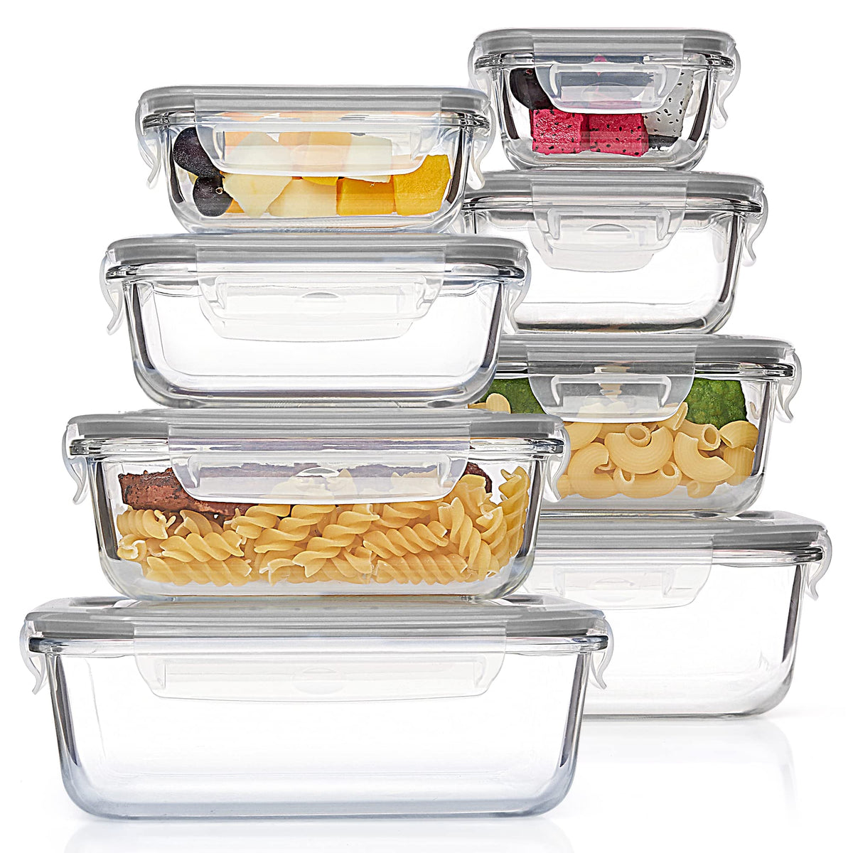 Vtopmart 8-pack glass storage rectangles with clear lids for organized meal prep