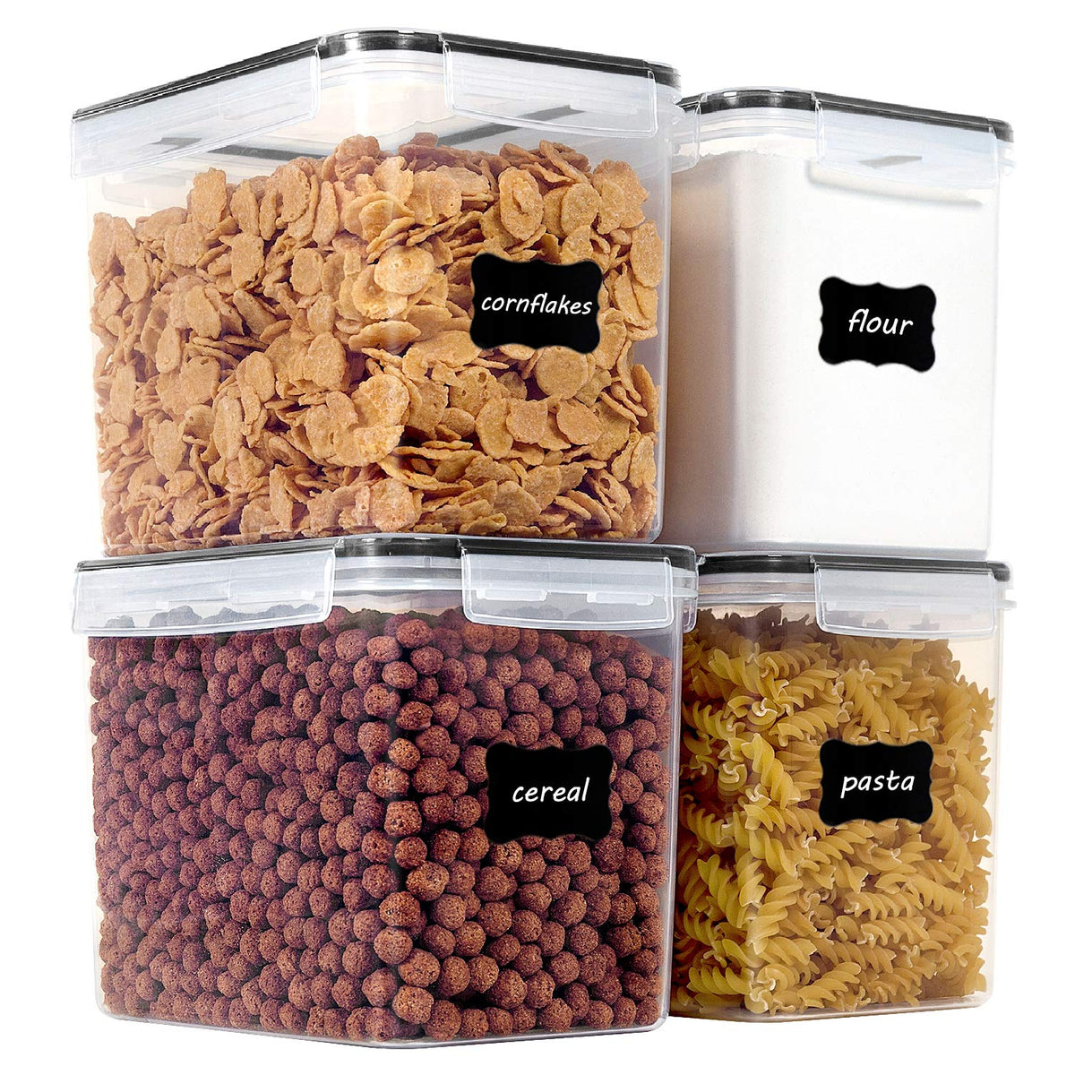 Vtopmart airtight canisters in black with 3.3 quart capacity for flour and sugar storage.