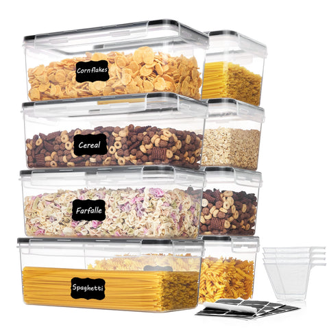 Vtopmart airtight pasta containers with flat storage optimize cabinet space and accessibility.