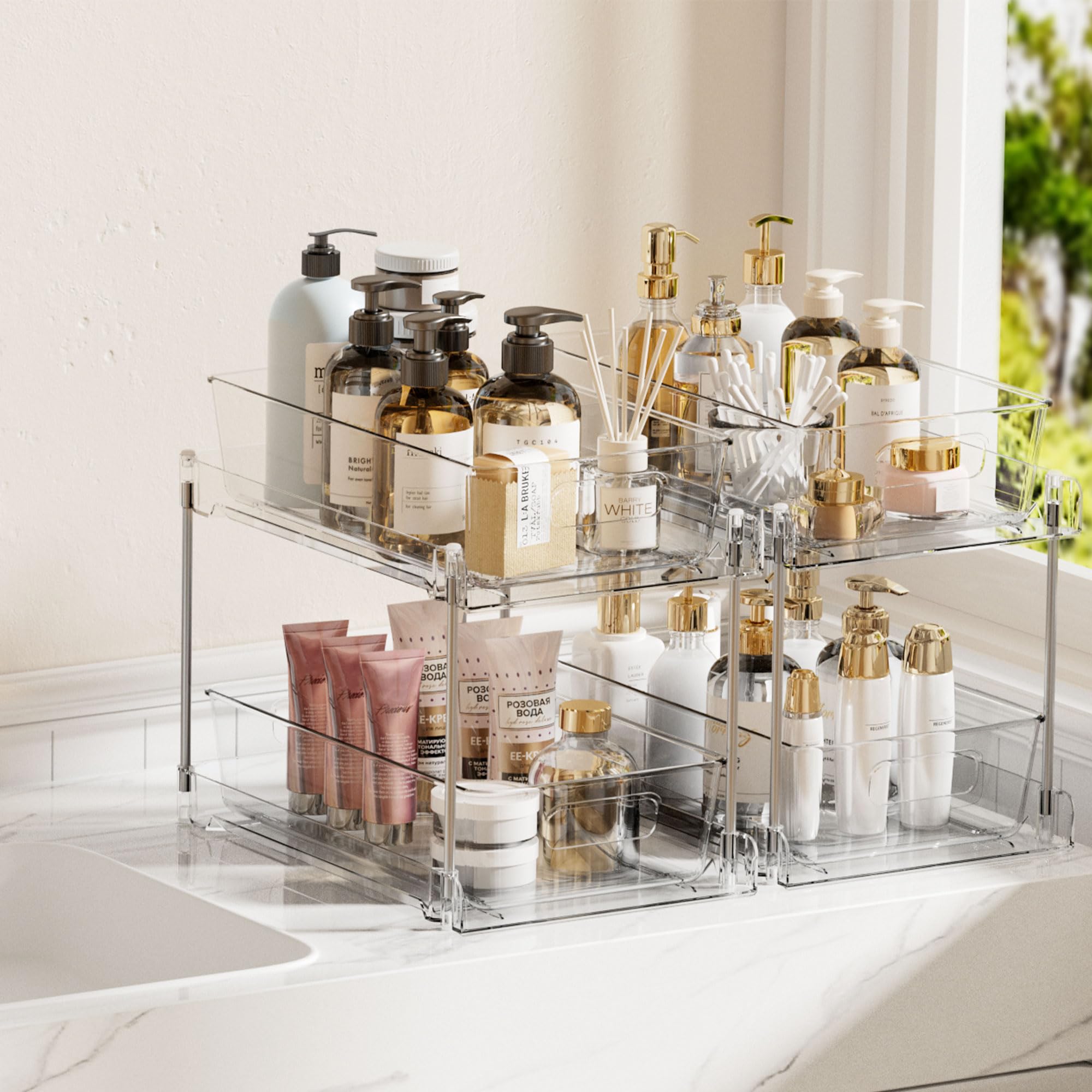 Vtopmart cosmetics and toiletries organizer keeps counters tidy and items easy to locate.