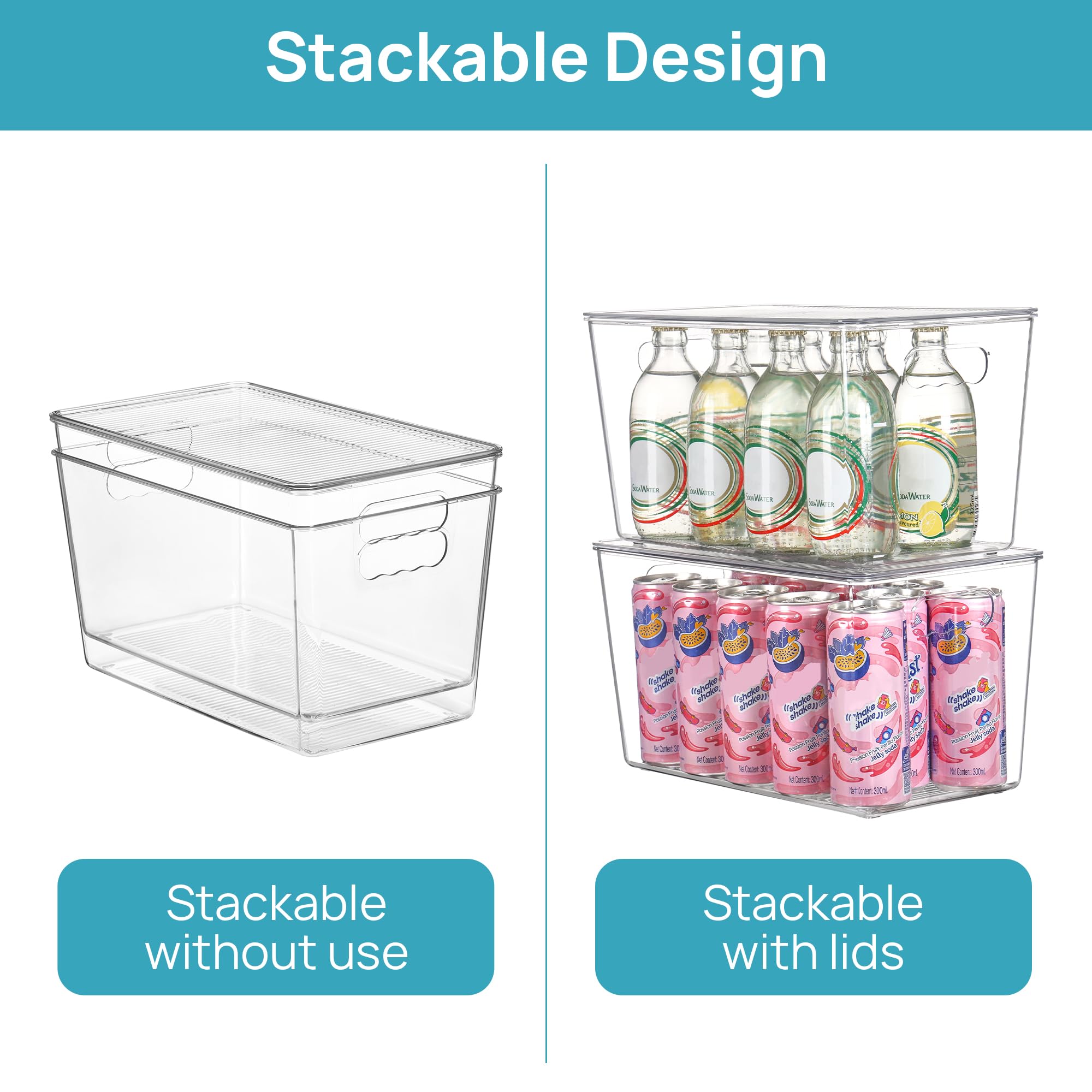 Vtopmart pantry bin in clear plastic helps quick visibility of snacks and cans.