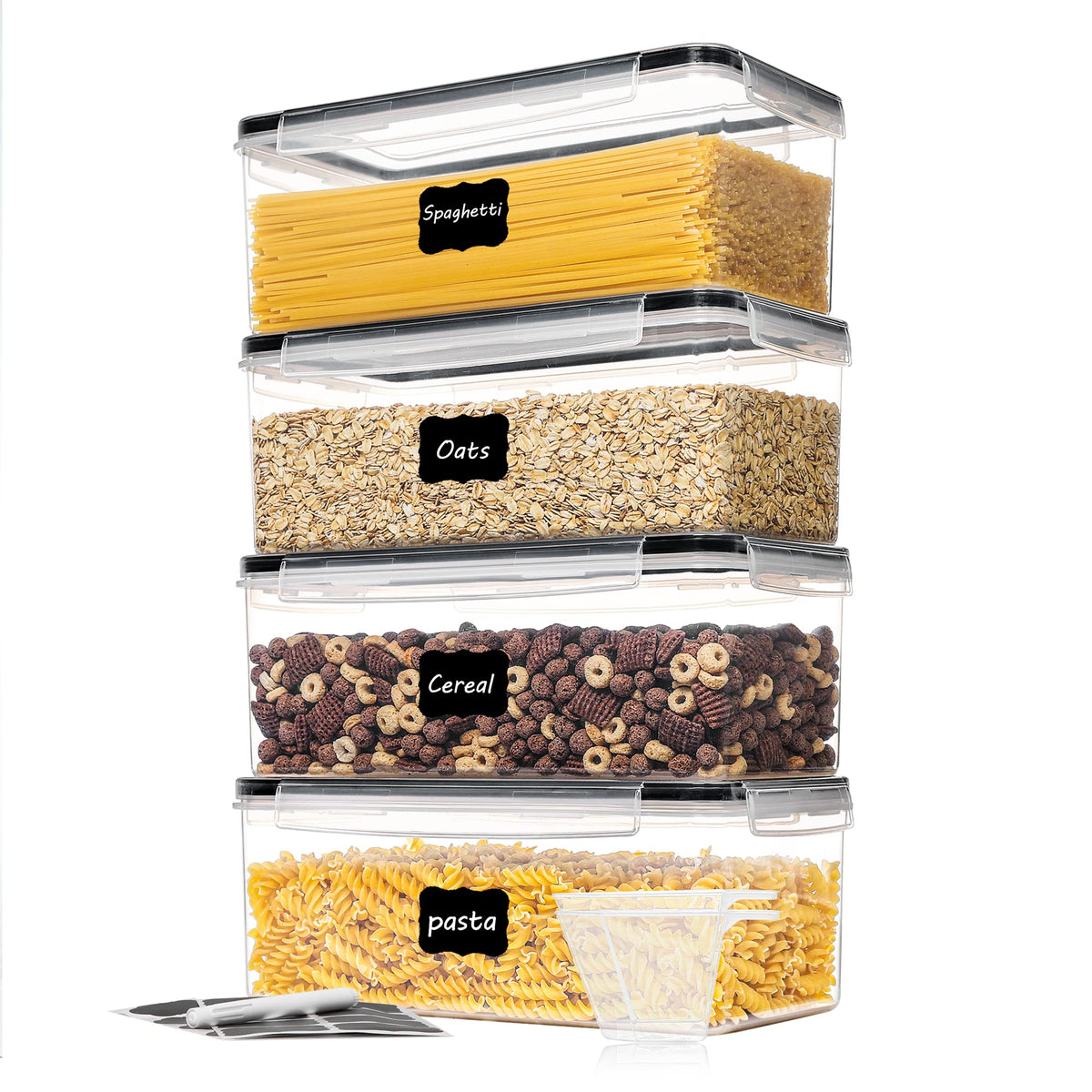 Vtopmart airtight pasta containers in horizontal layout maximize cabinet space.