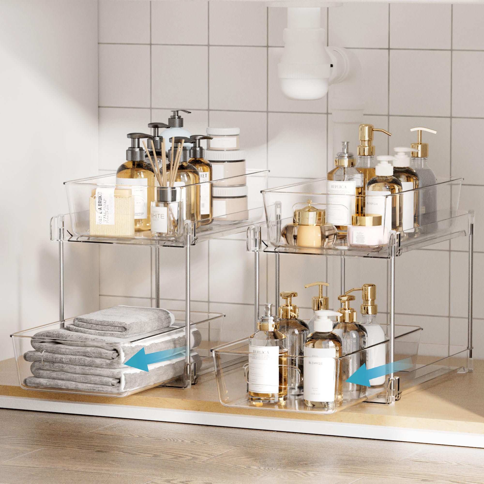 Vtopmart under-sink storage organizer in clear PET design saves space under the sink.