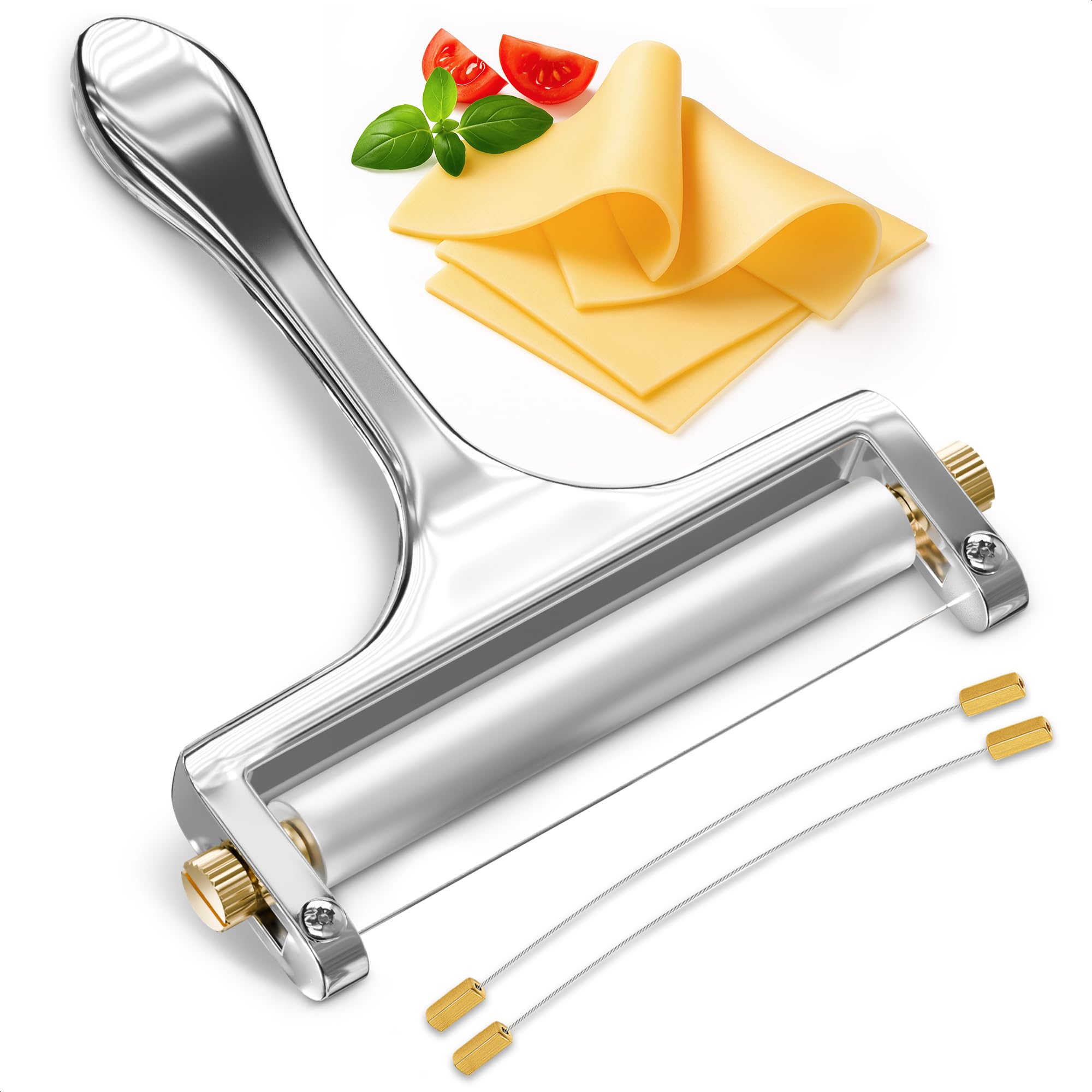 V Tower cheese slicer with wire blade and handle for precise mozzarella slices