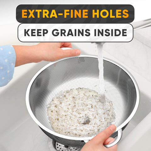 V TOWER multi-use strainer bowl drains grains, pasta, veggies, and fruits