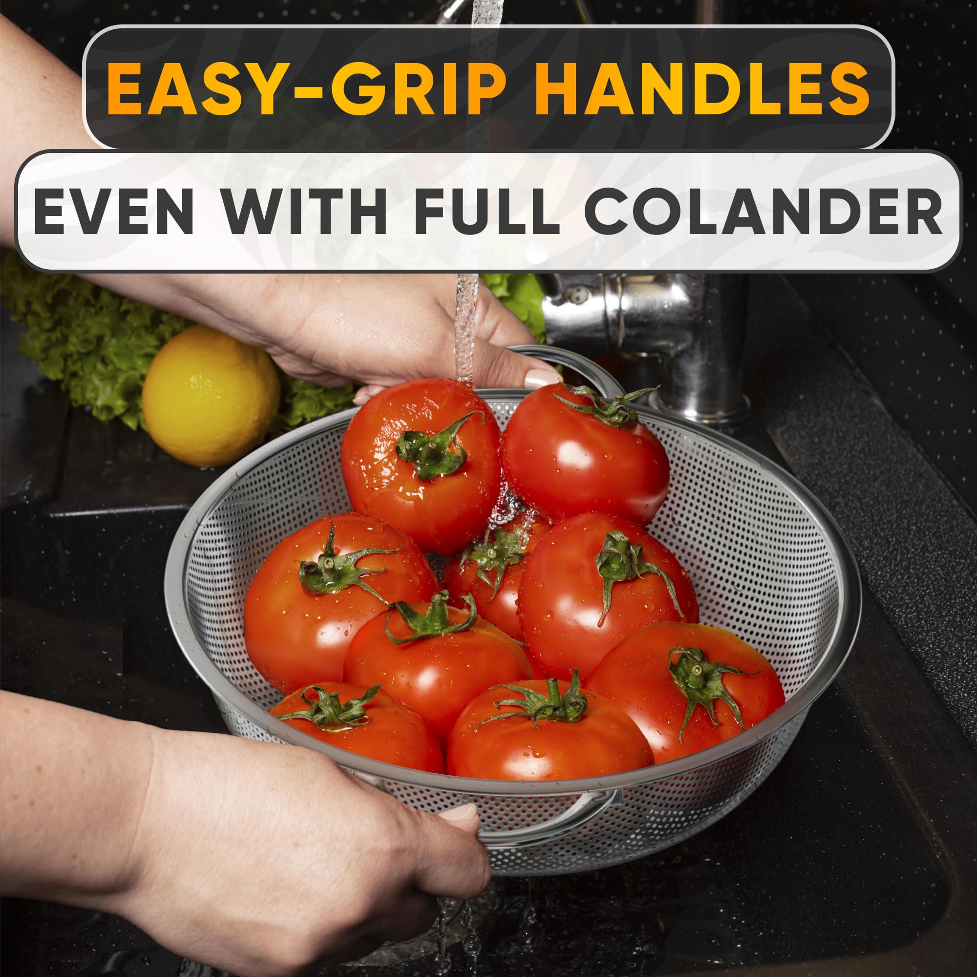 V TOWER rice strainer handles provide secure grip during rinsing