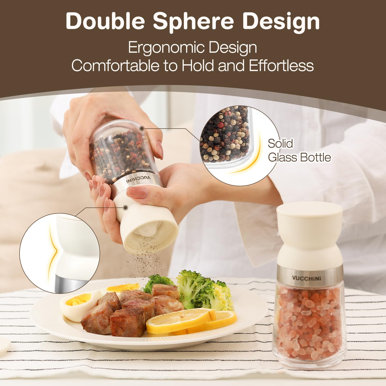 Vucchini grinders shown as dishwasher-safe for easy cleanup