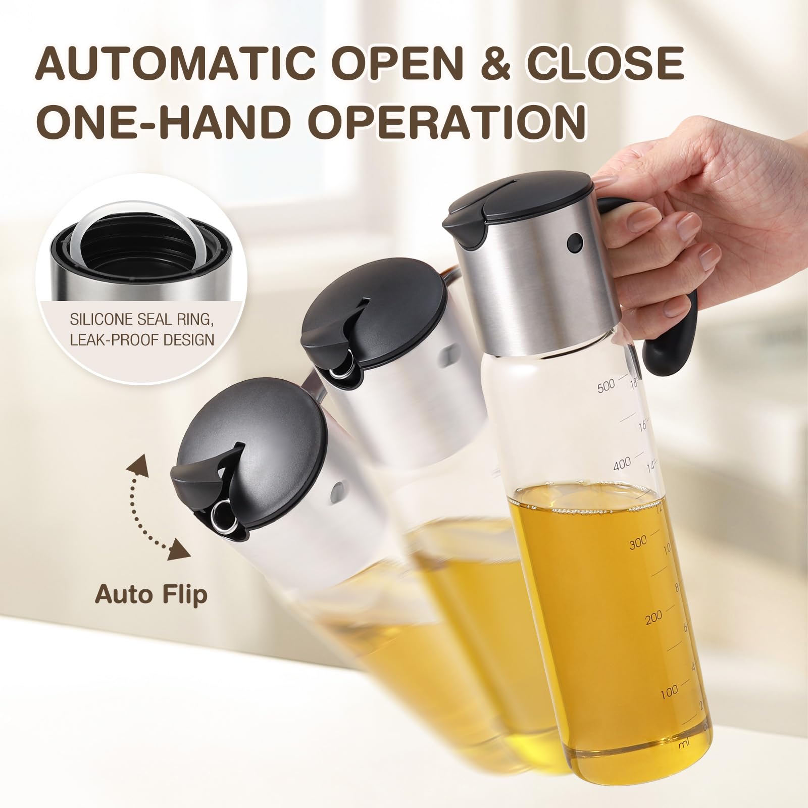 Vucchini glass cruet shows clear measurements for precise portion control.