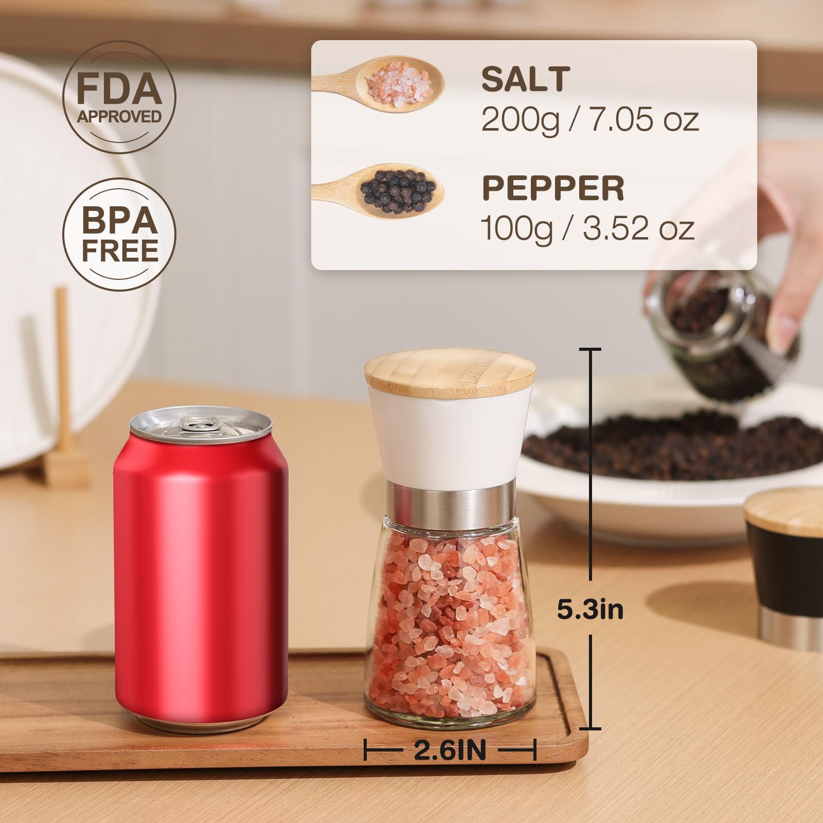 Vucchini grinders show glass bottle for easy refilling
