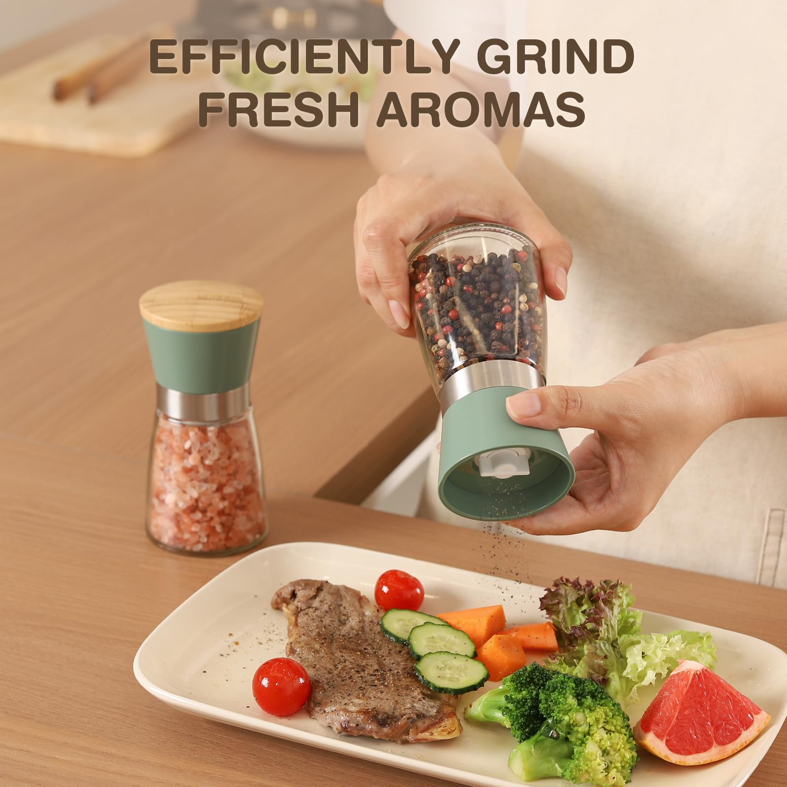 Vucchini grinders in action showing precise salt or pepper grinding.