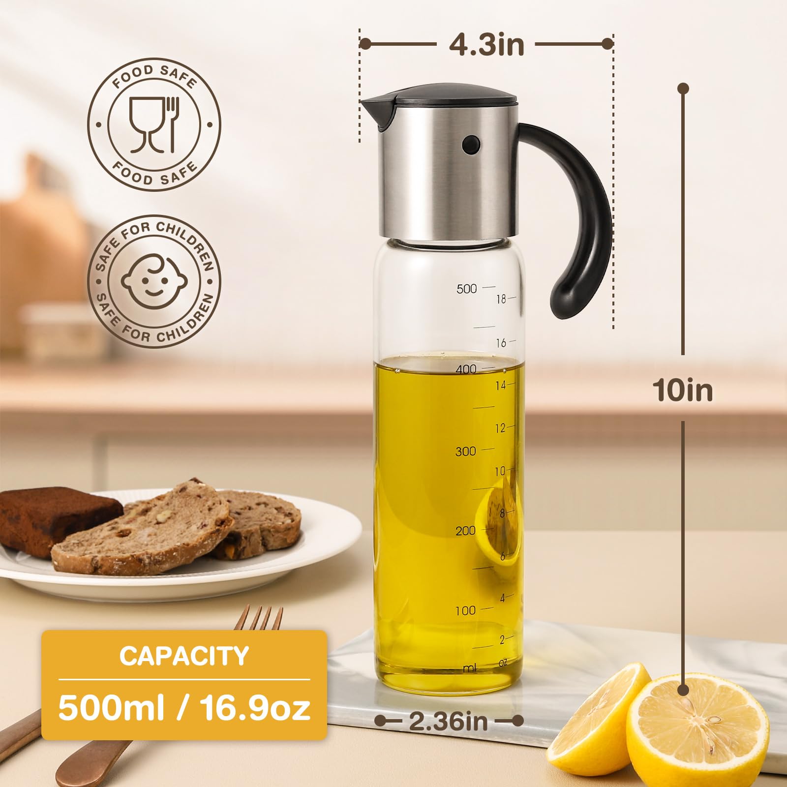 Vucchini leakproof spout prevents drips during dressings and cooking.