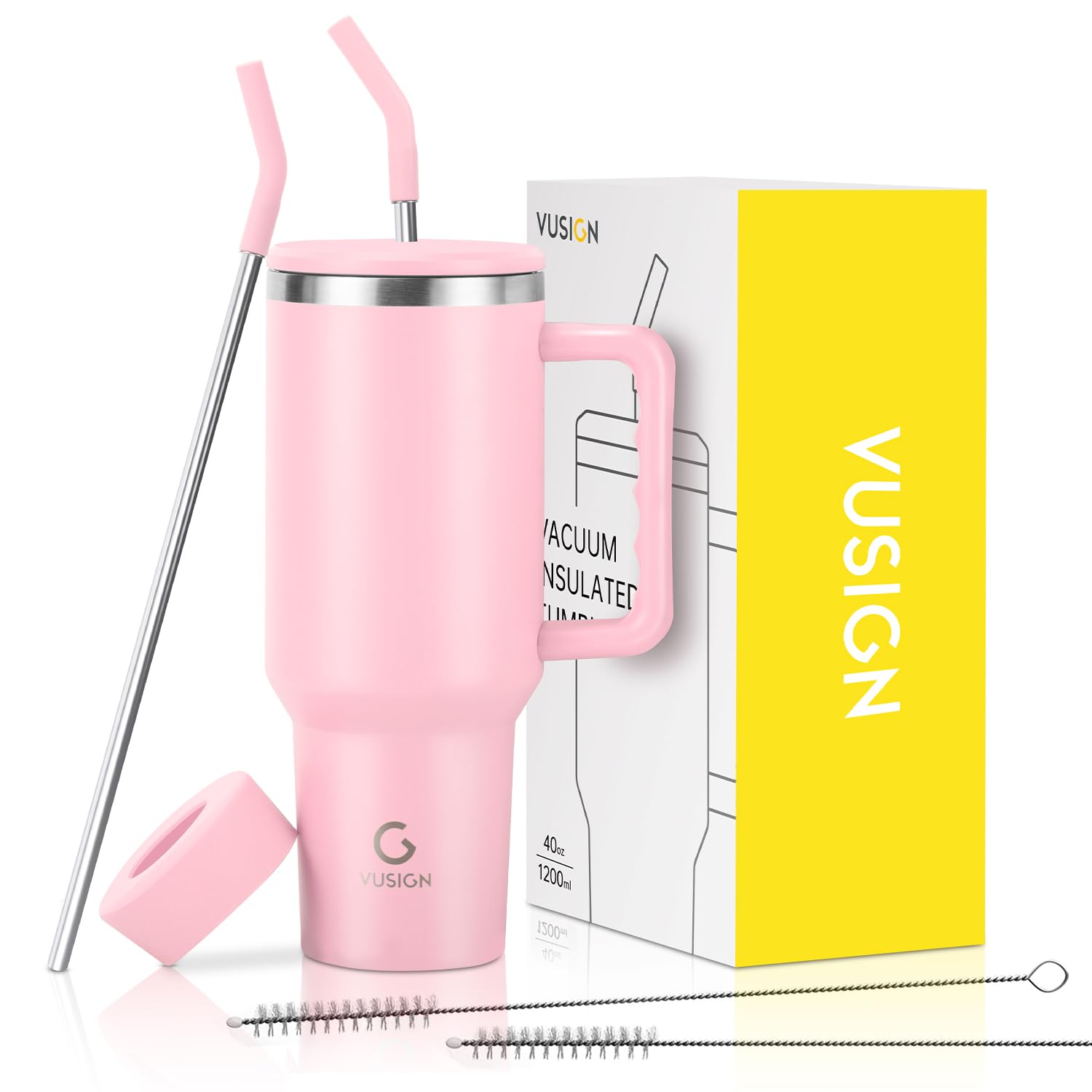 VUSIGN 40 oz tumbler with blush handle keeps drinks cold up to 30+ hours.