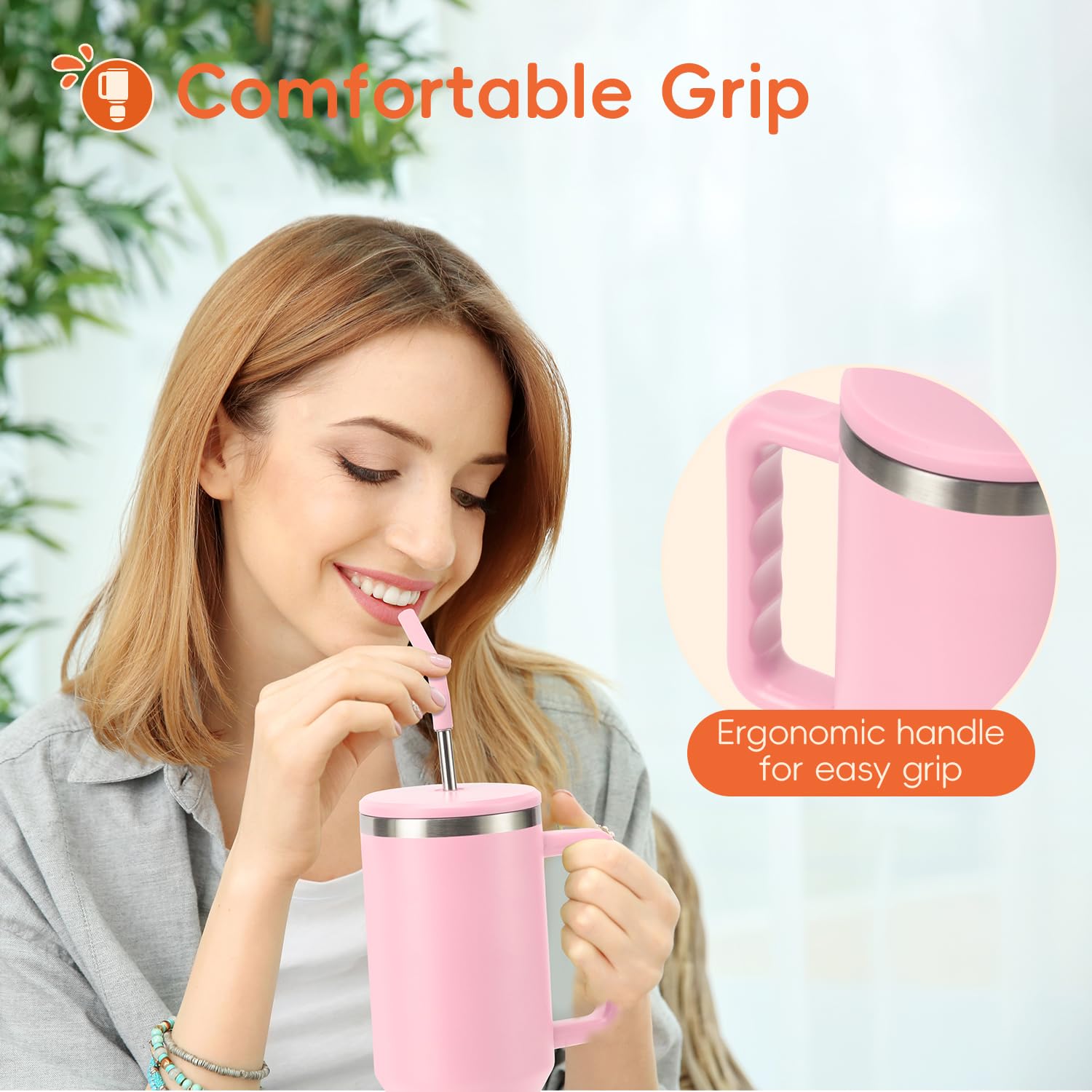 VUSIGN 40 oz tumbler shows large capacity for fewer refills during the day.