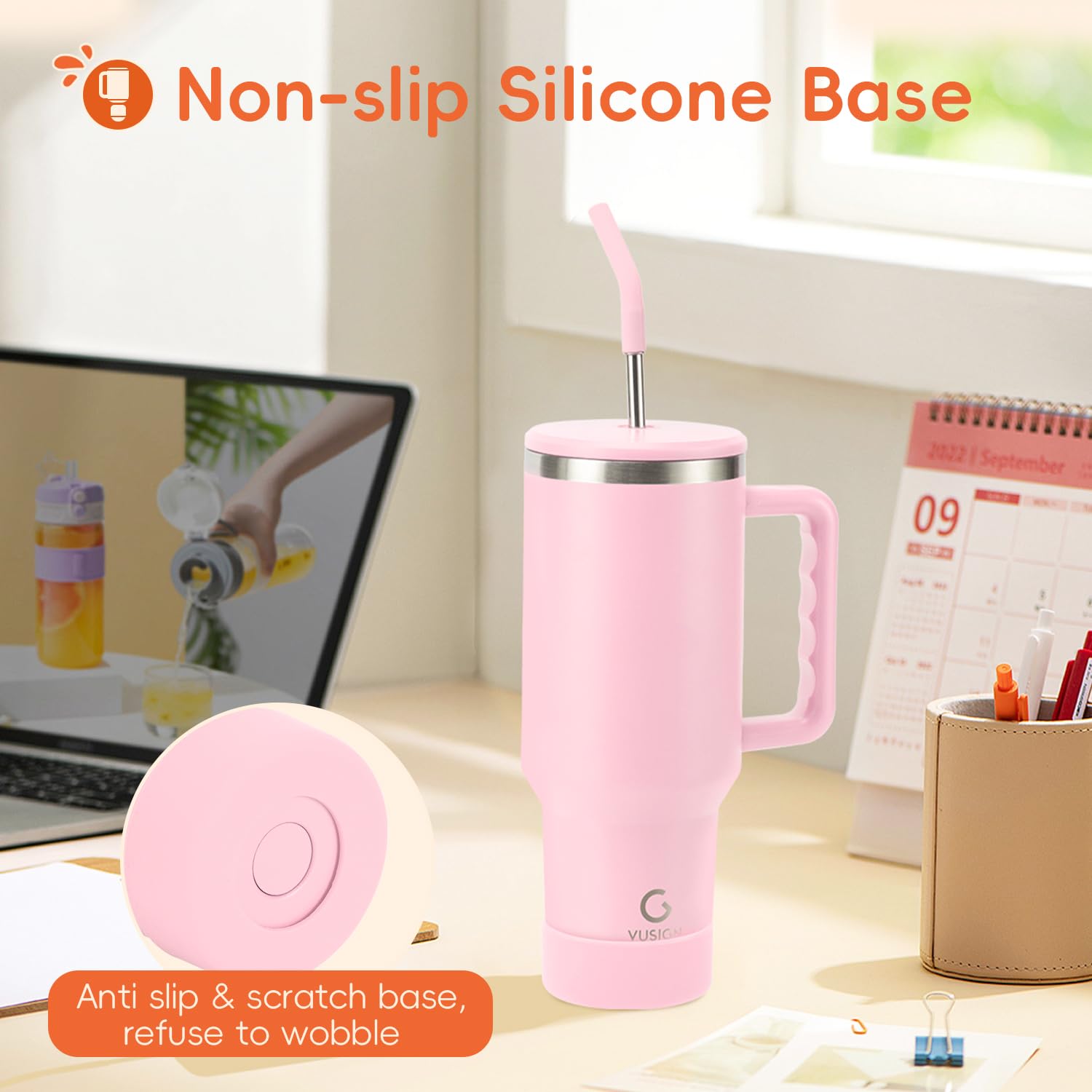 VUSIGN 40 oz tumbler with non-slip base stays steady on any surface.