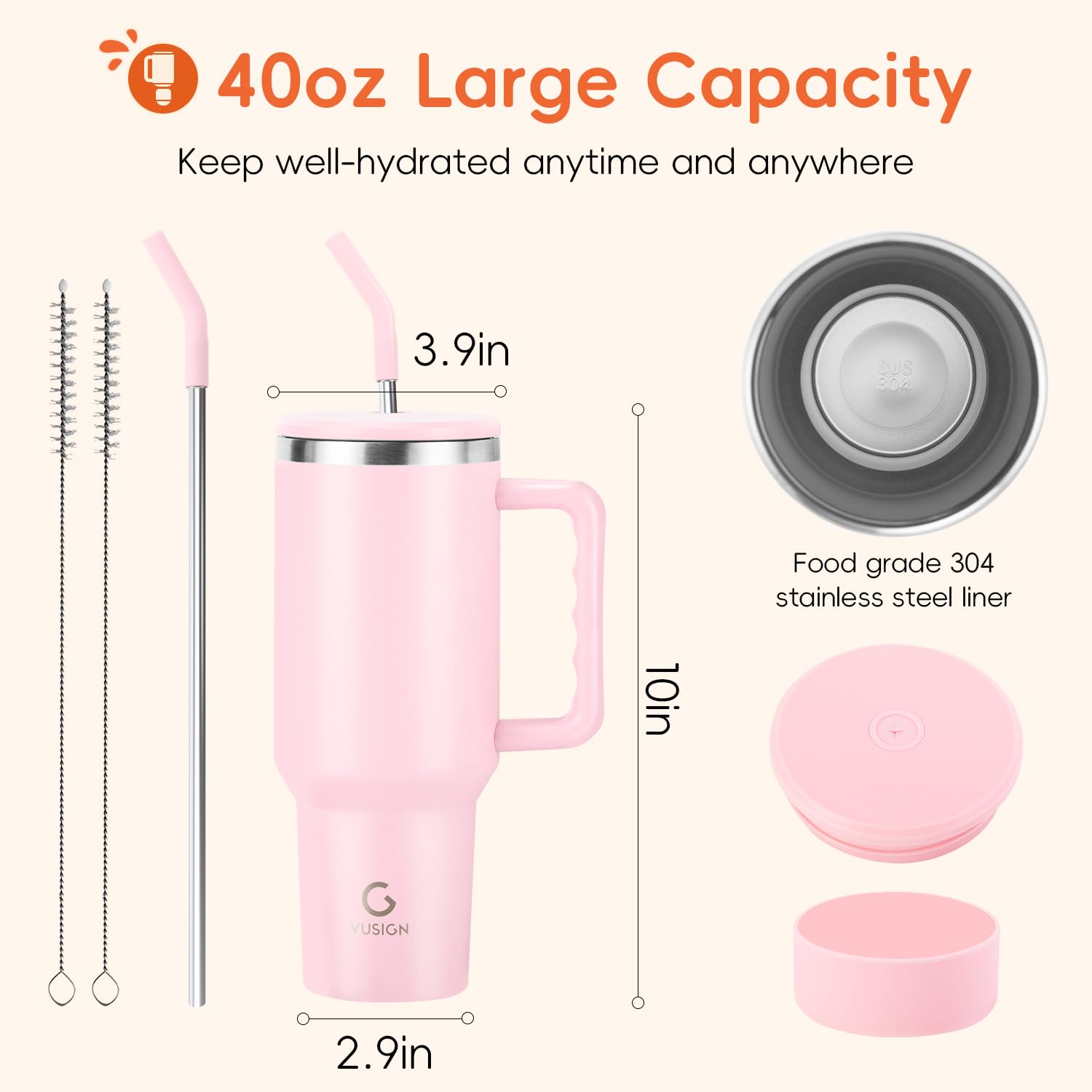 VUSIGN blush tumbler fits car cup holders for convenient travel.